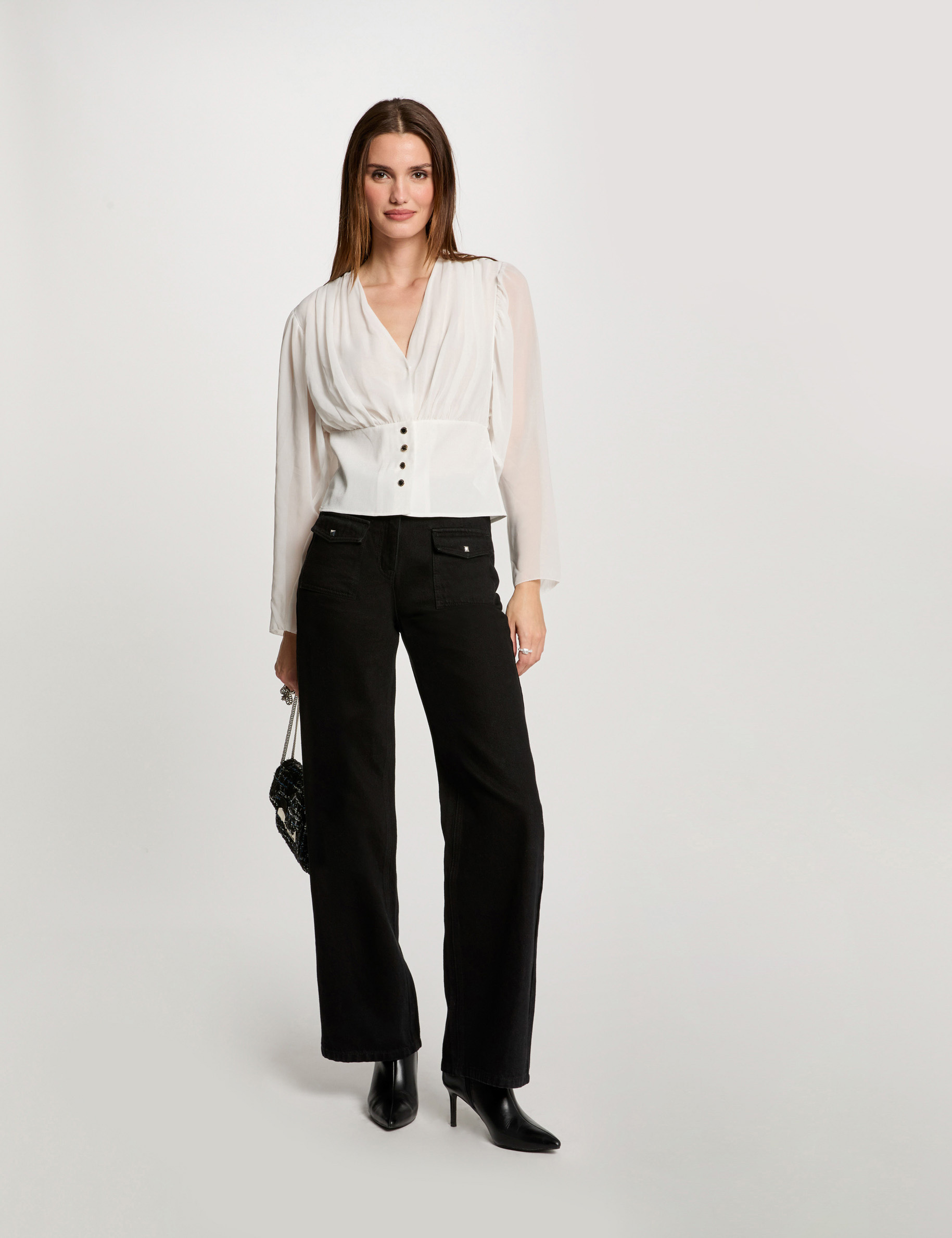 blusa manga larga drapeada blanco mujer Blusa manga larga drapeada blanco mujer