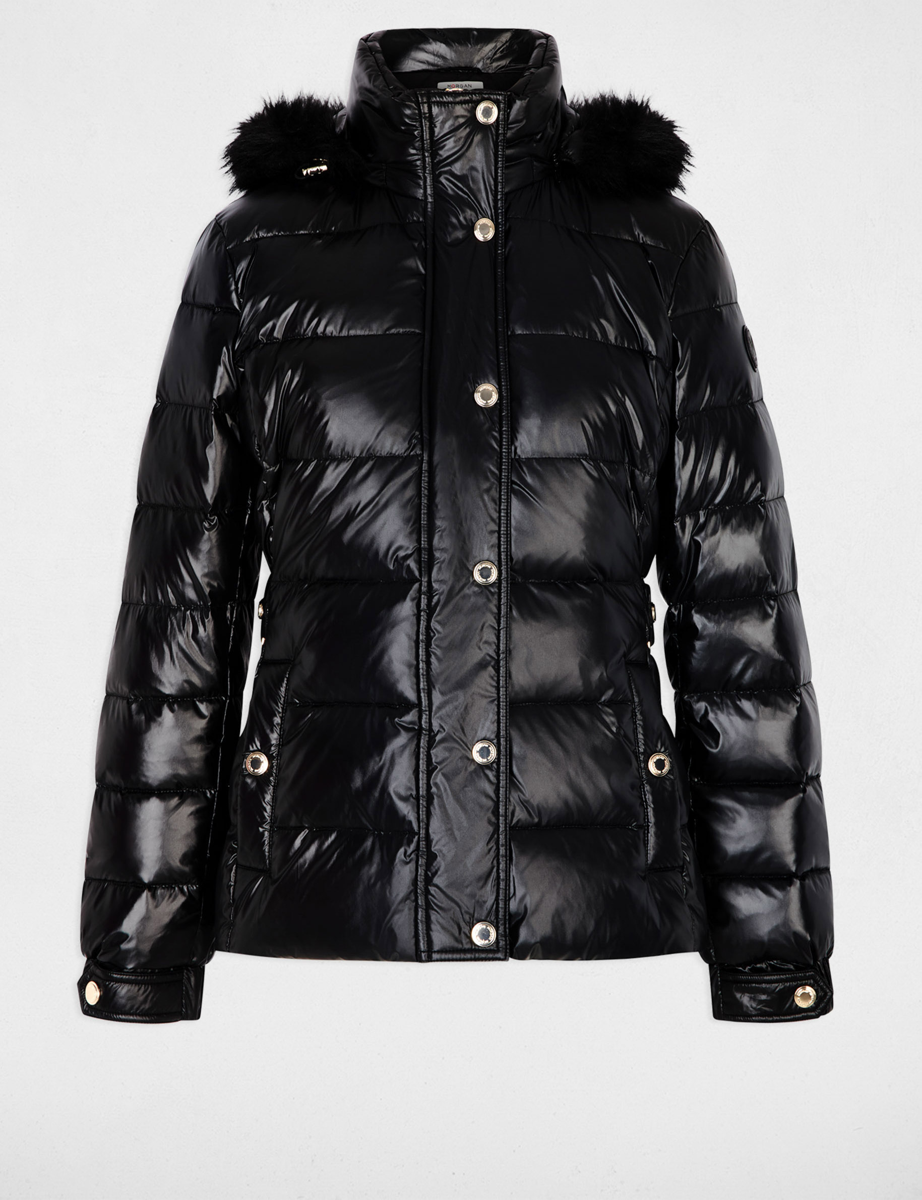 Chaqueta acolchada con capucha negro mujer