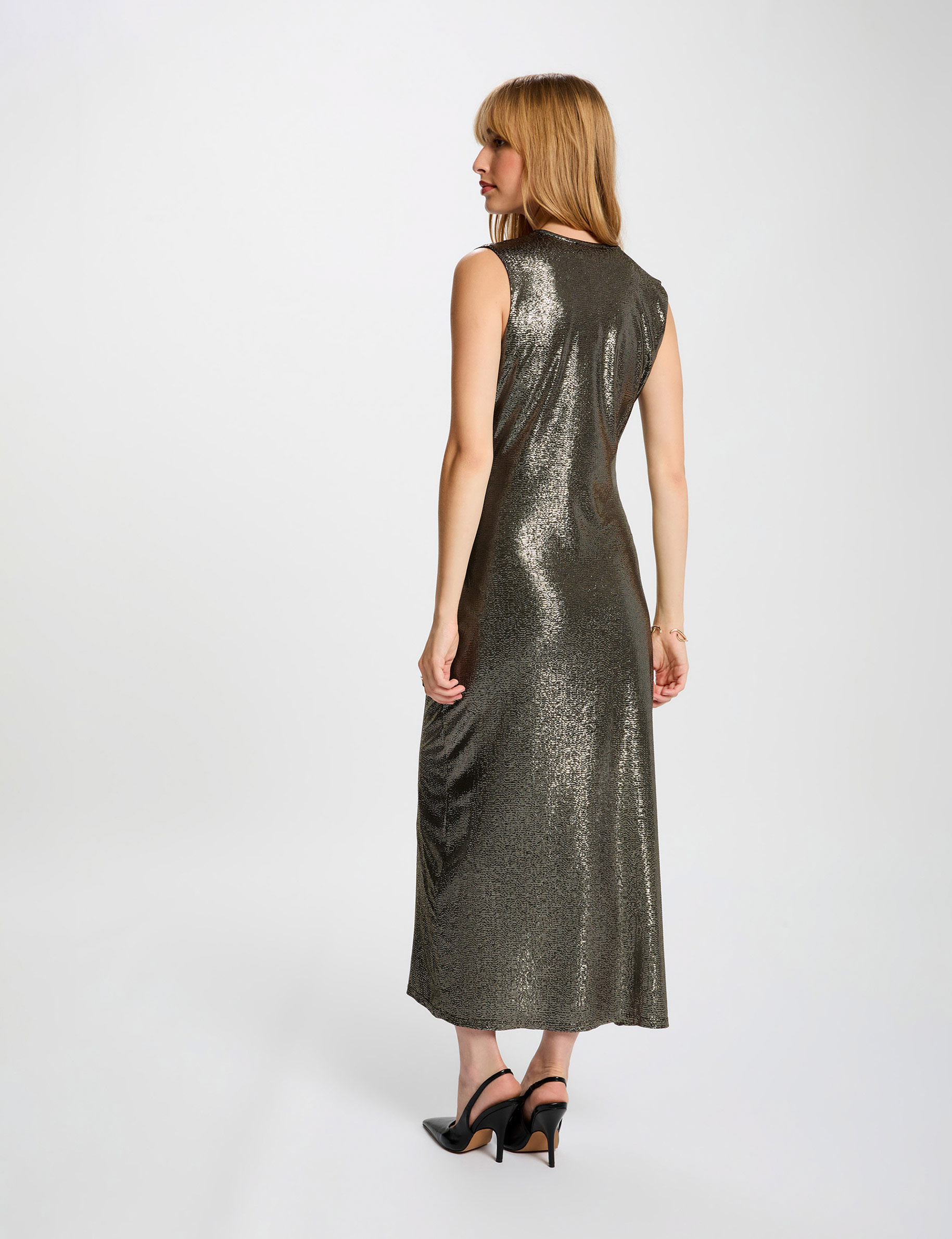 Vestido midi sin mangas amarillo oro mujer