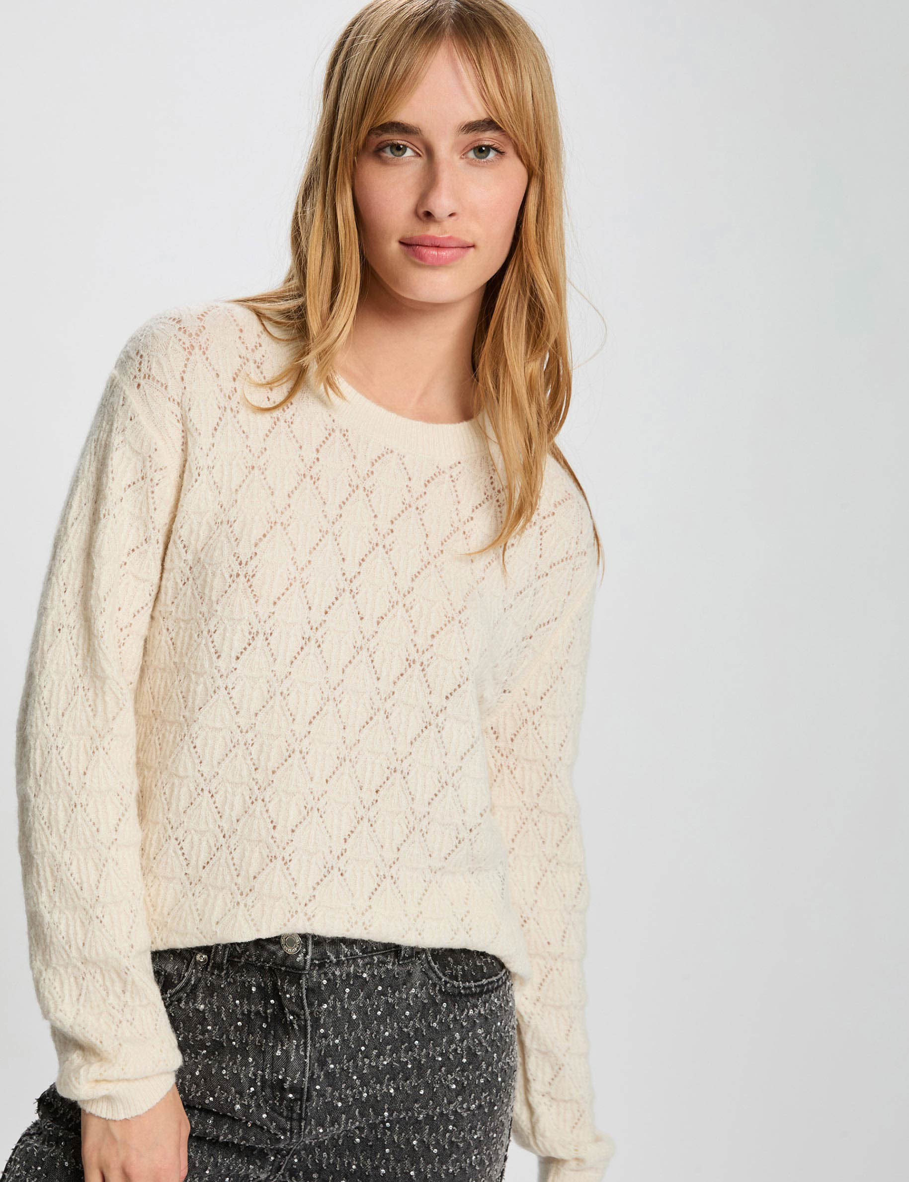 Jersey cuello redondo fantas&iacute;a marfil mujer
