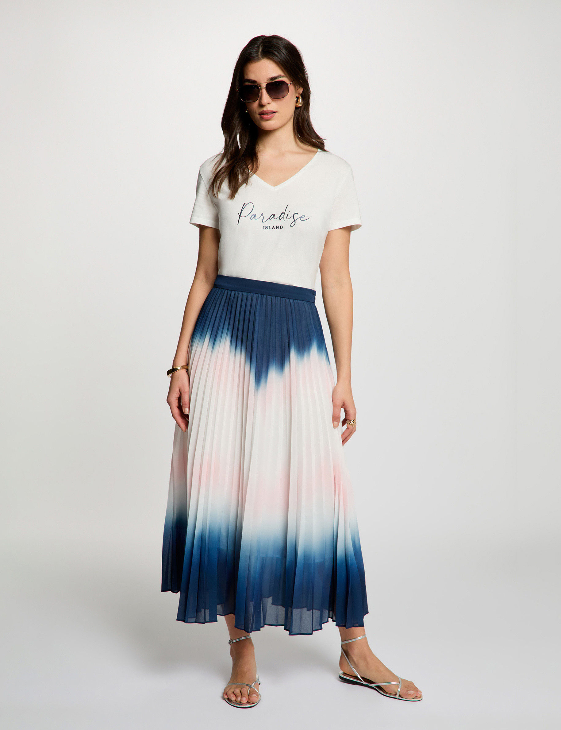 Falda larga plisada multicolor mujer