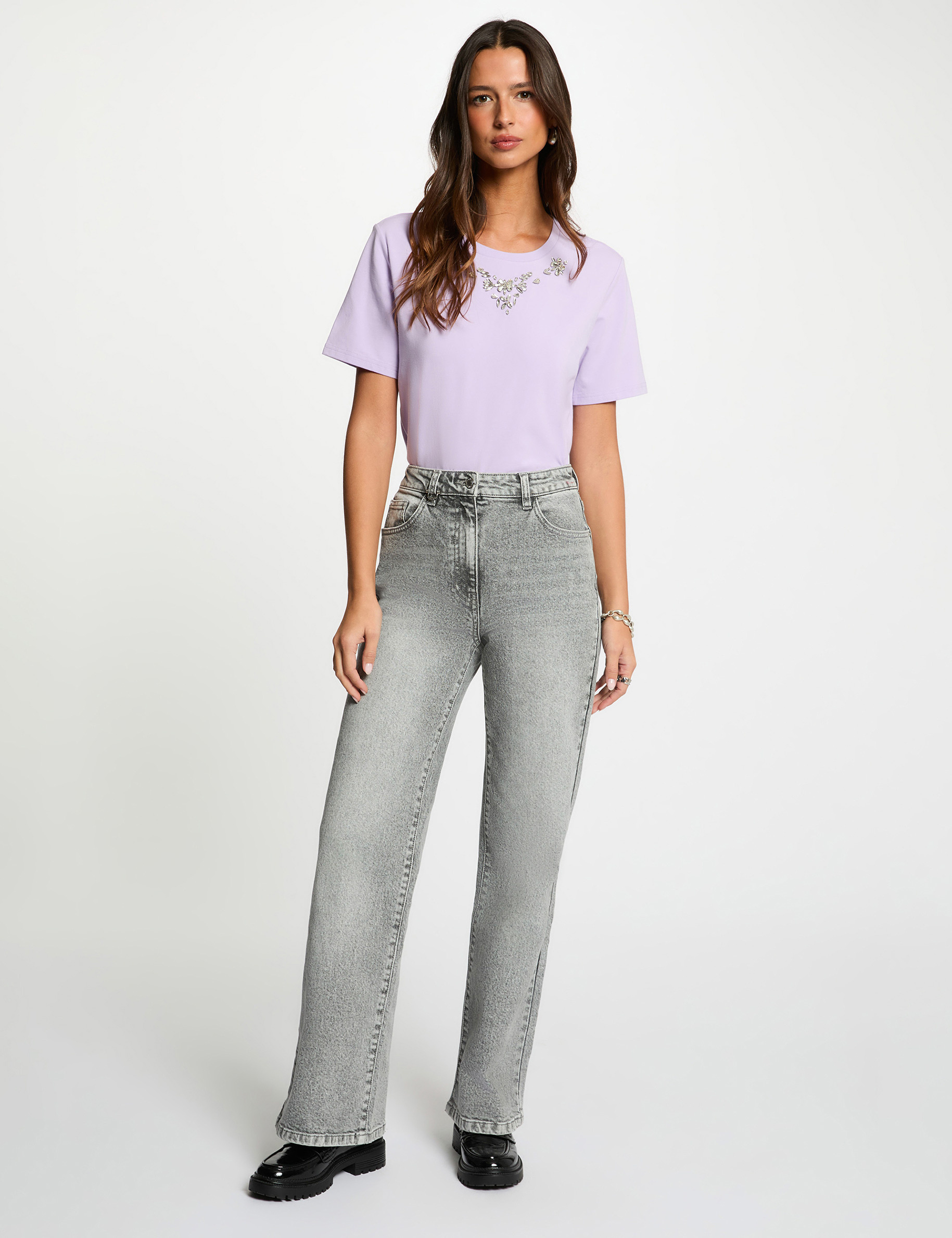 Camiseta de strass manga corta morado mujer