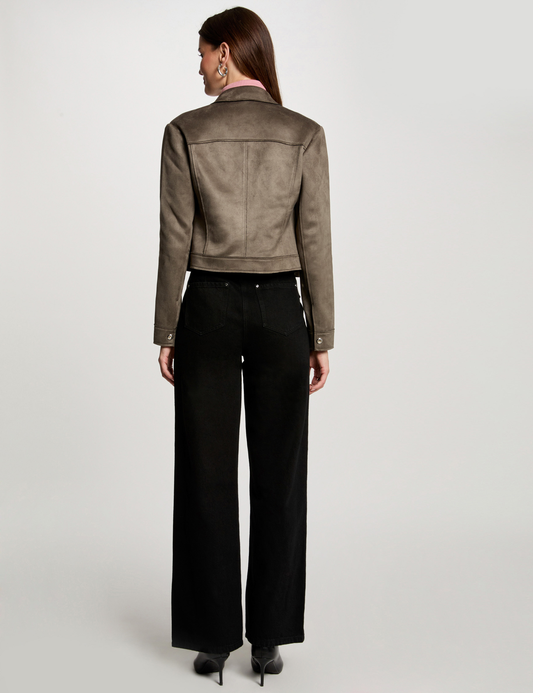 Chaqueta de antelina con botones verde caqui mujer