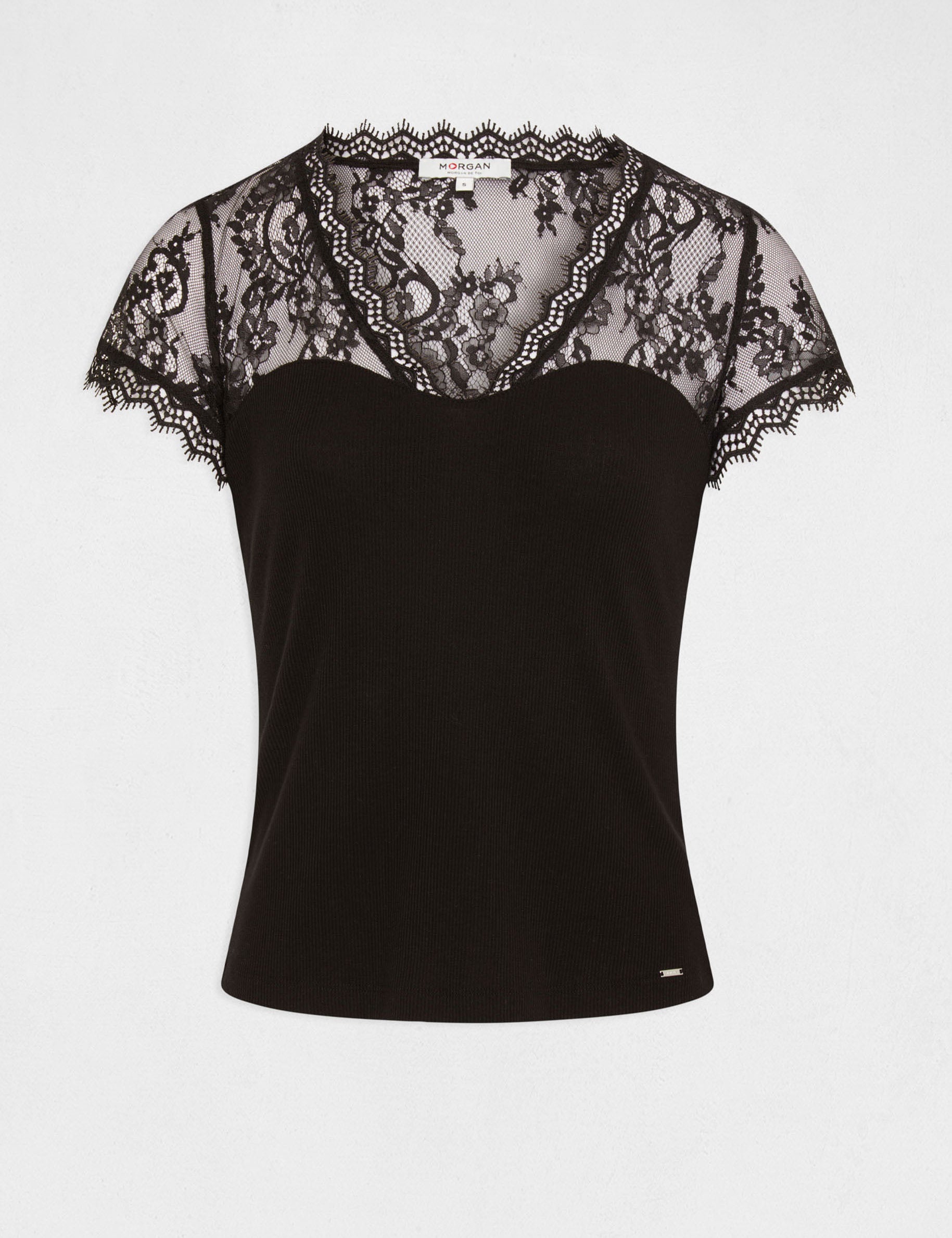 Camiseta manga corta con encaje negro mujer
