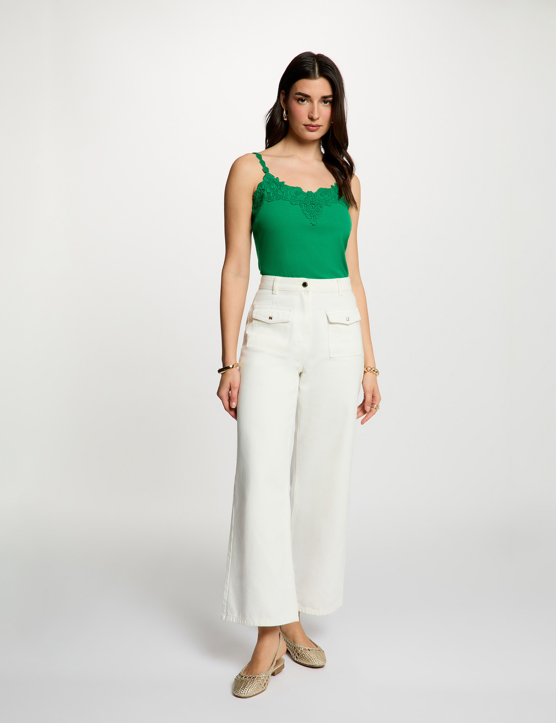 Top de encaje con escote cuadrado verde pradera mujer