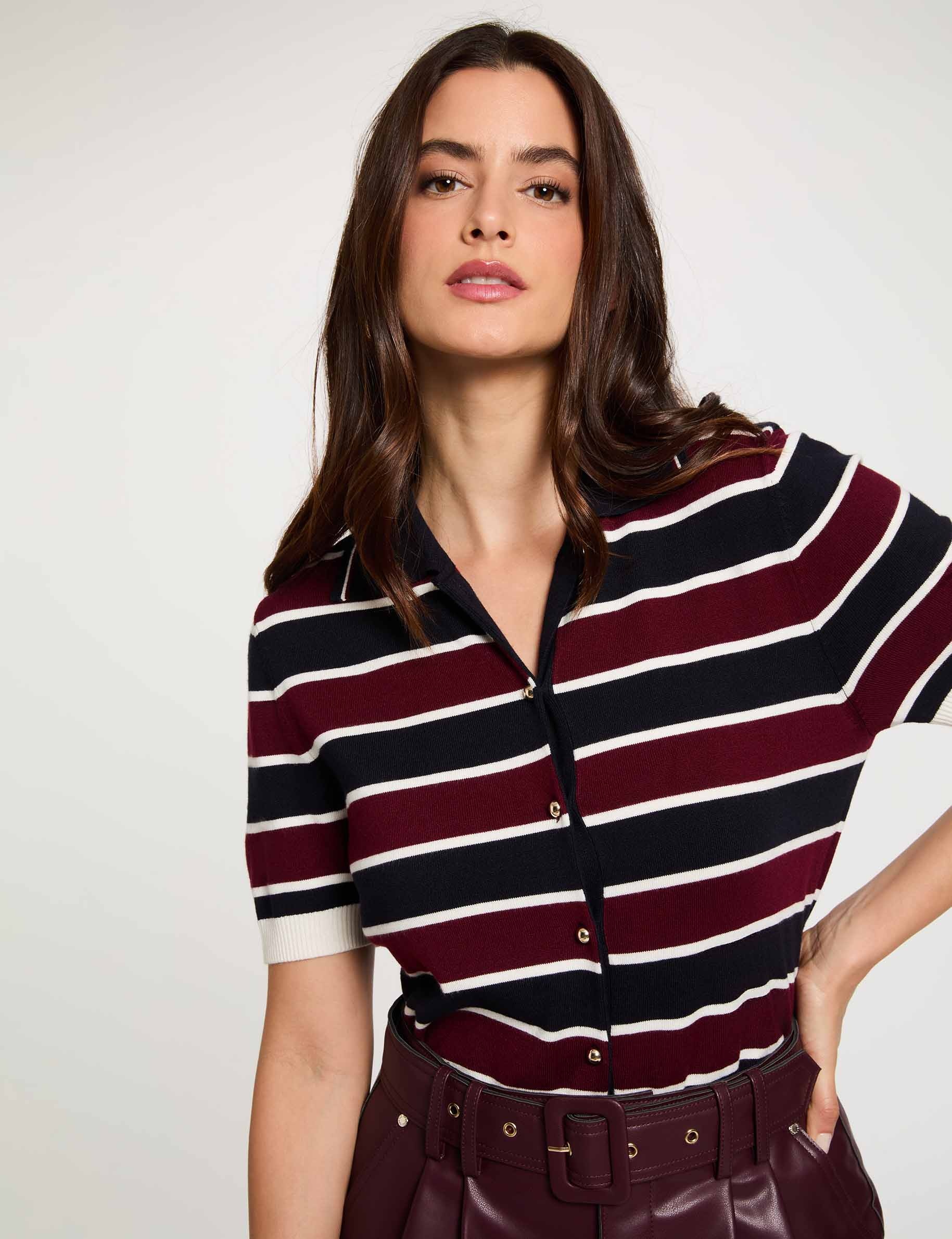 Jersey de rayas con cuello polo burdeos mujer