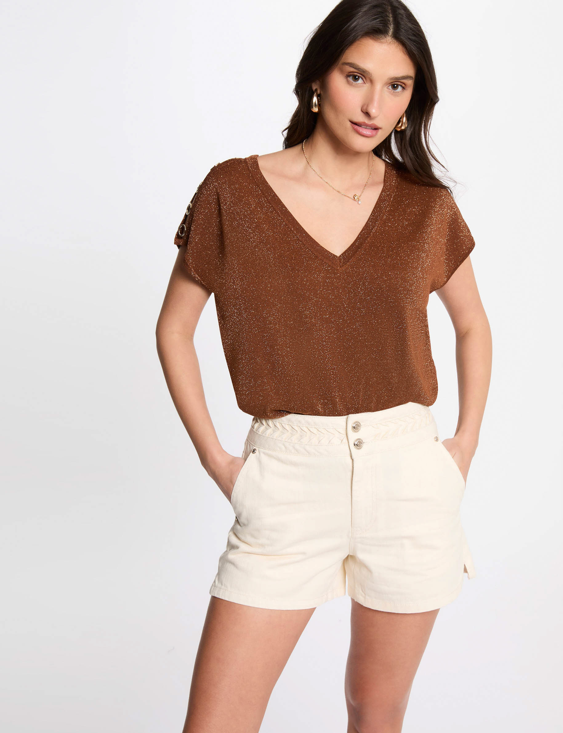 jersey escote en v manga corta marron conac mujer Jersey escote en V manga corta marrón coñac mujer