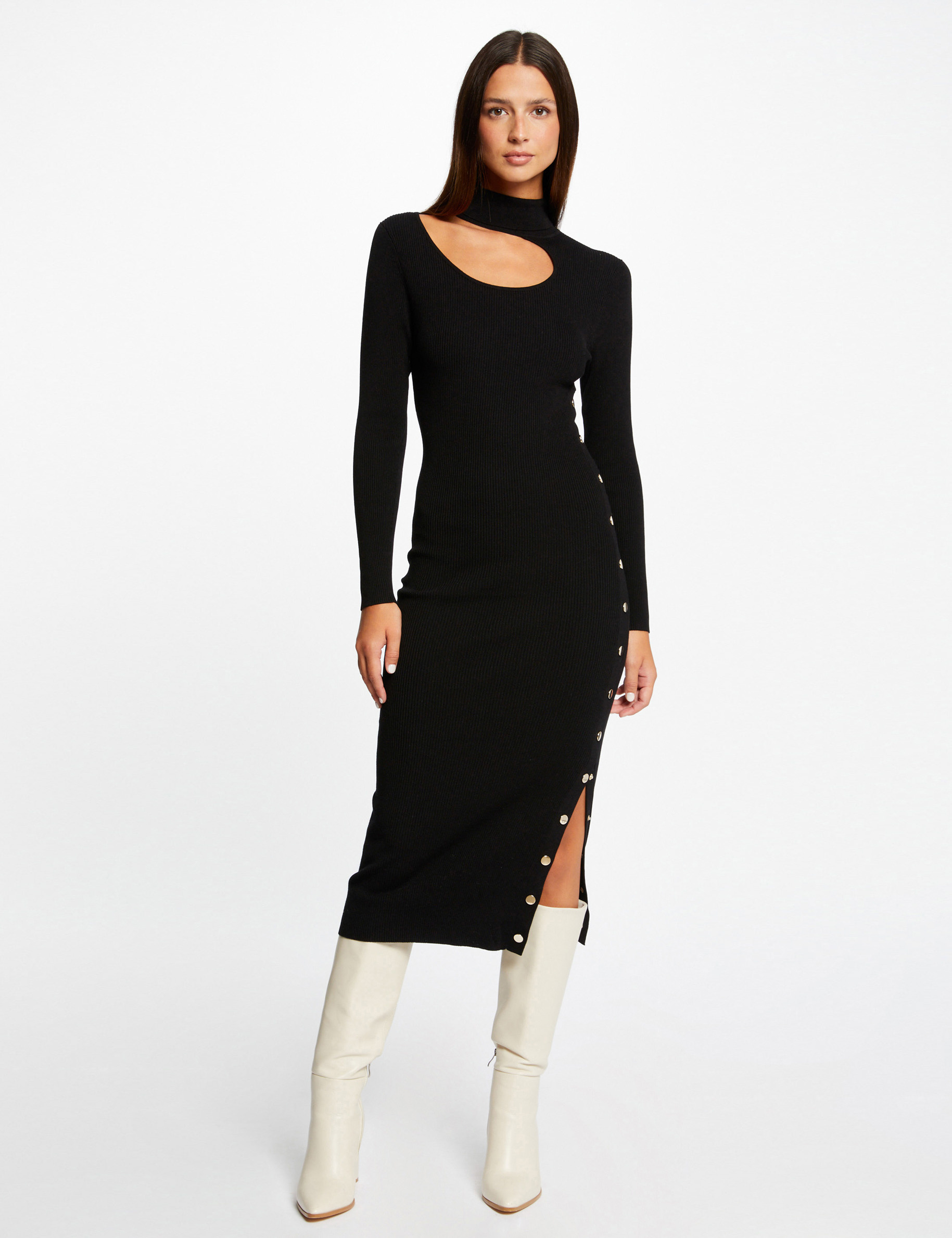 vestido de punto midi ajustado abertura negro mujer Vestido de punto midi ajustado abertura negro mujer