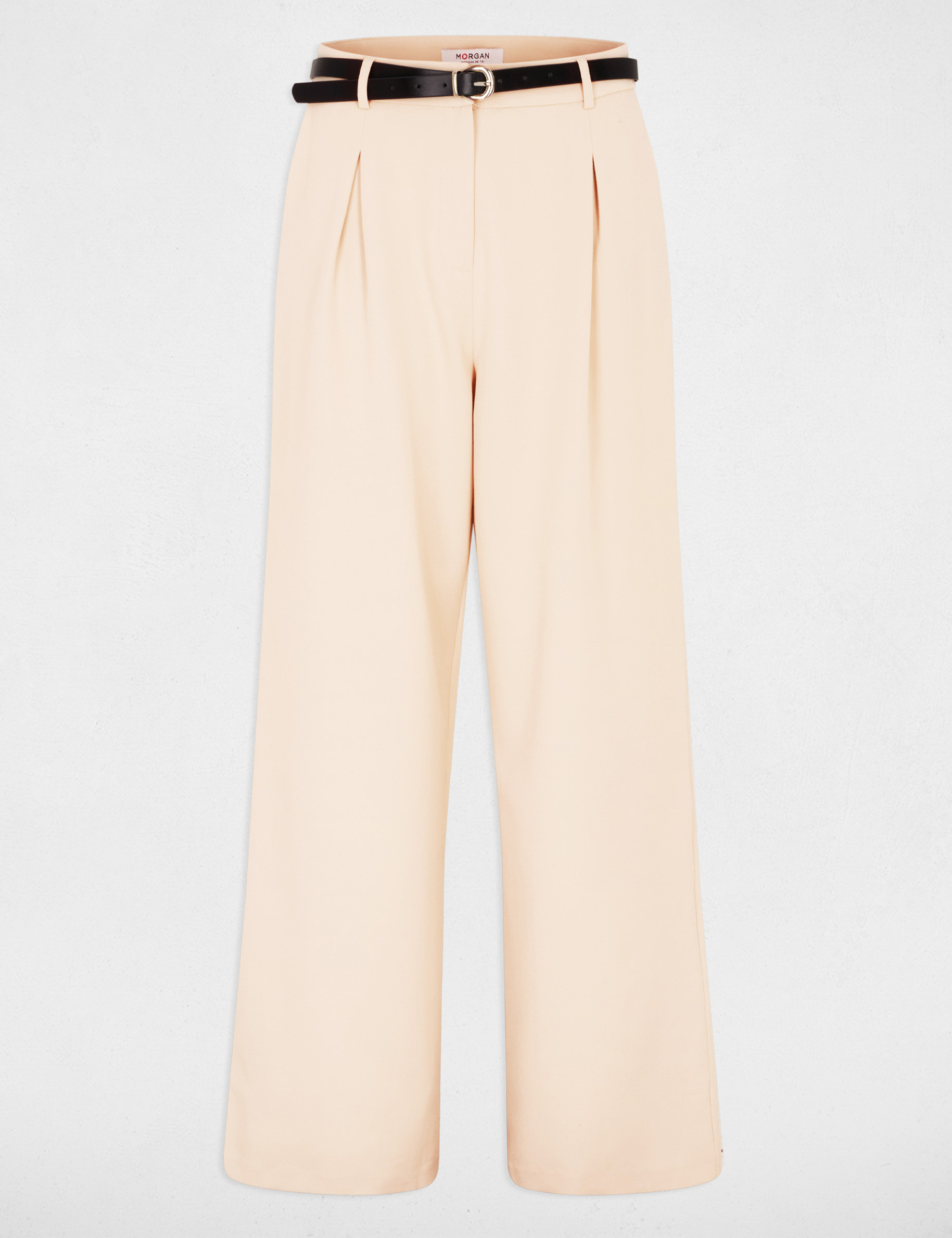 Pantal&oacute;n ancho de tiro alto beige mujer