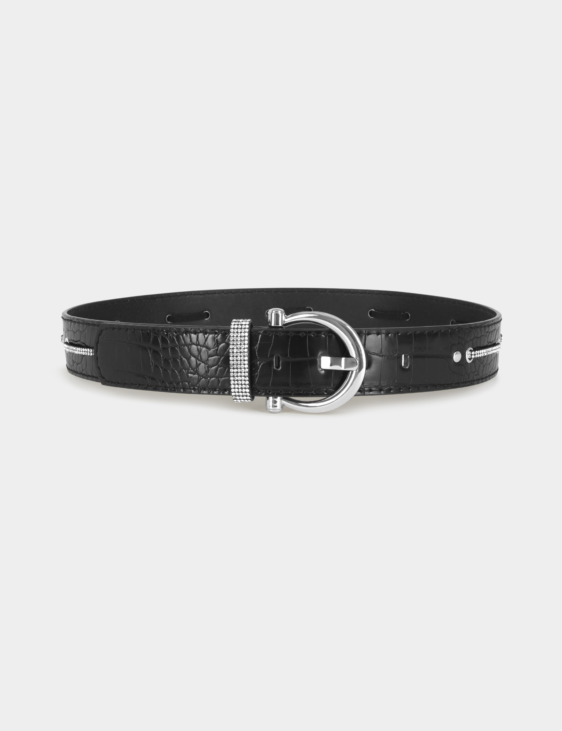 Cinturón con efecto cocodrilo y strass negro mujer