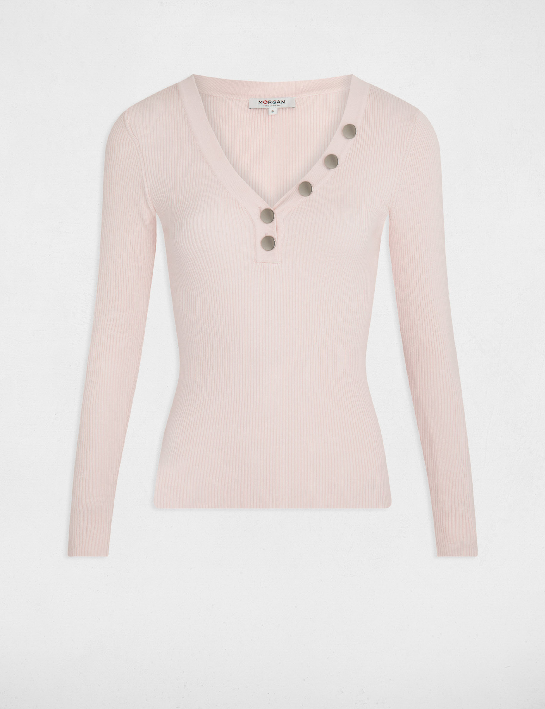 Jersey de manga larga punto fino botones rosa mujer
