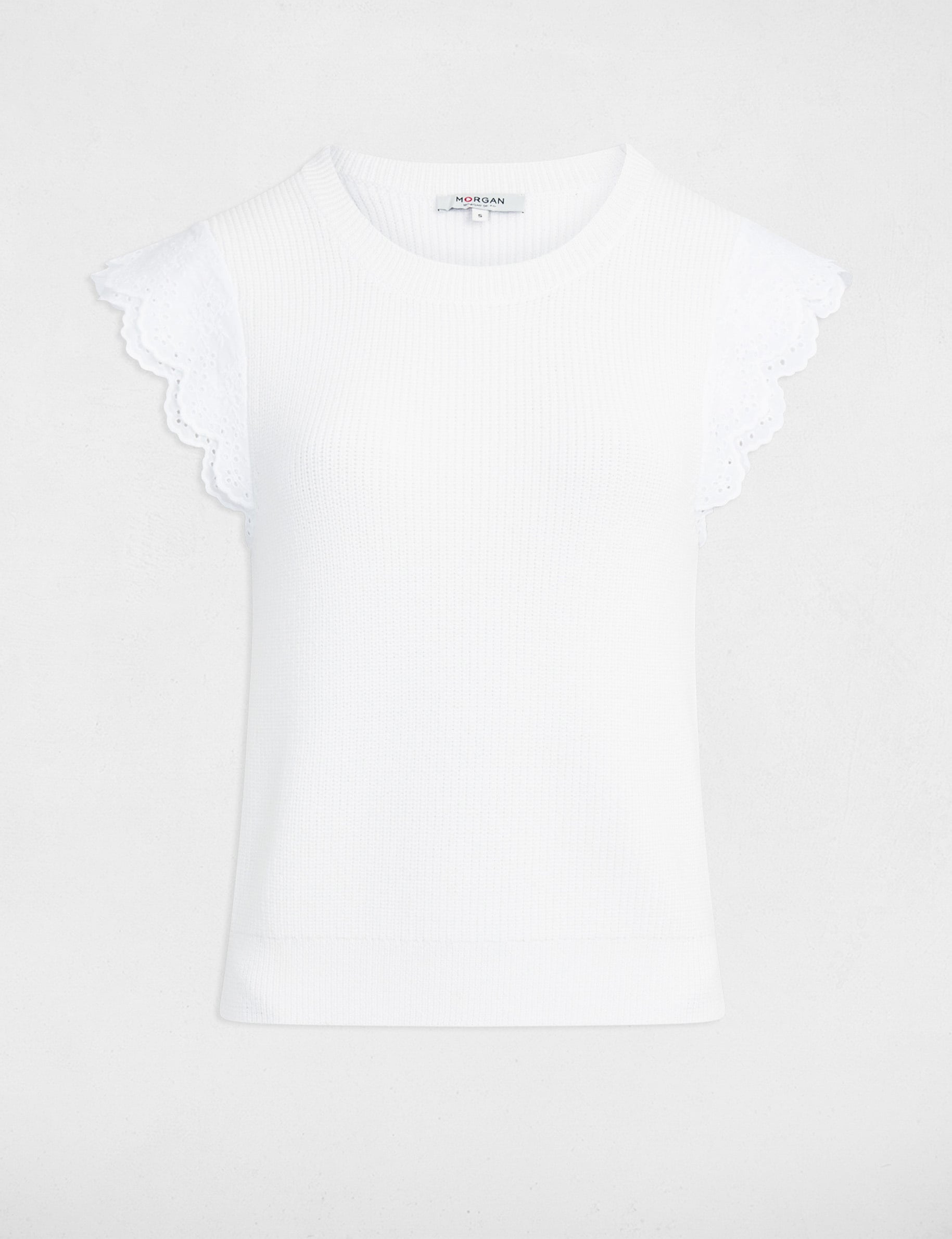 Top con cuello redondo y volantes blanco mujer