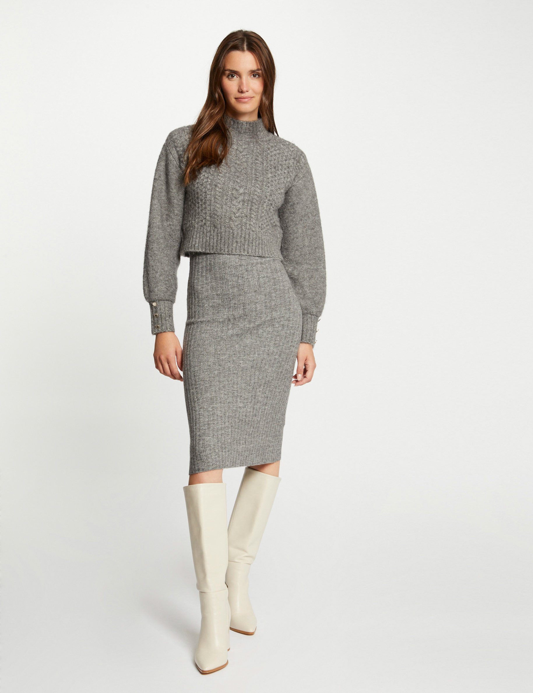 Vestido de punto ajustado efecto 2 en 1 gris anthracite mujer