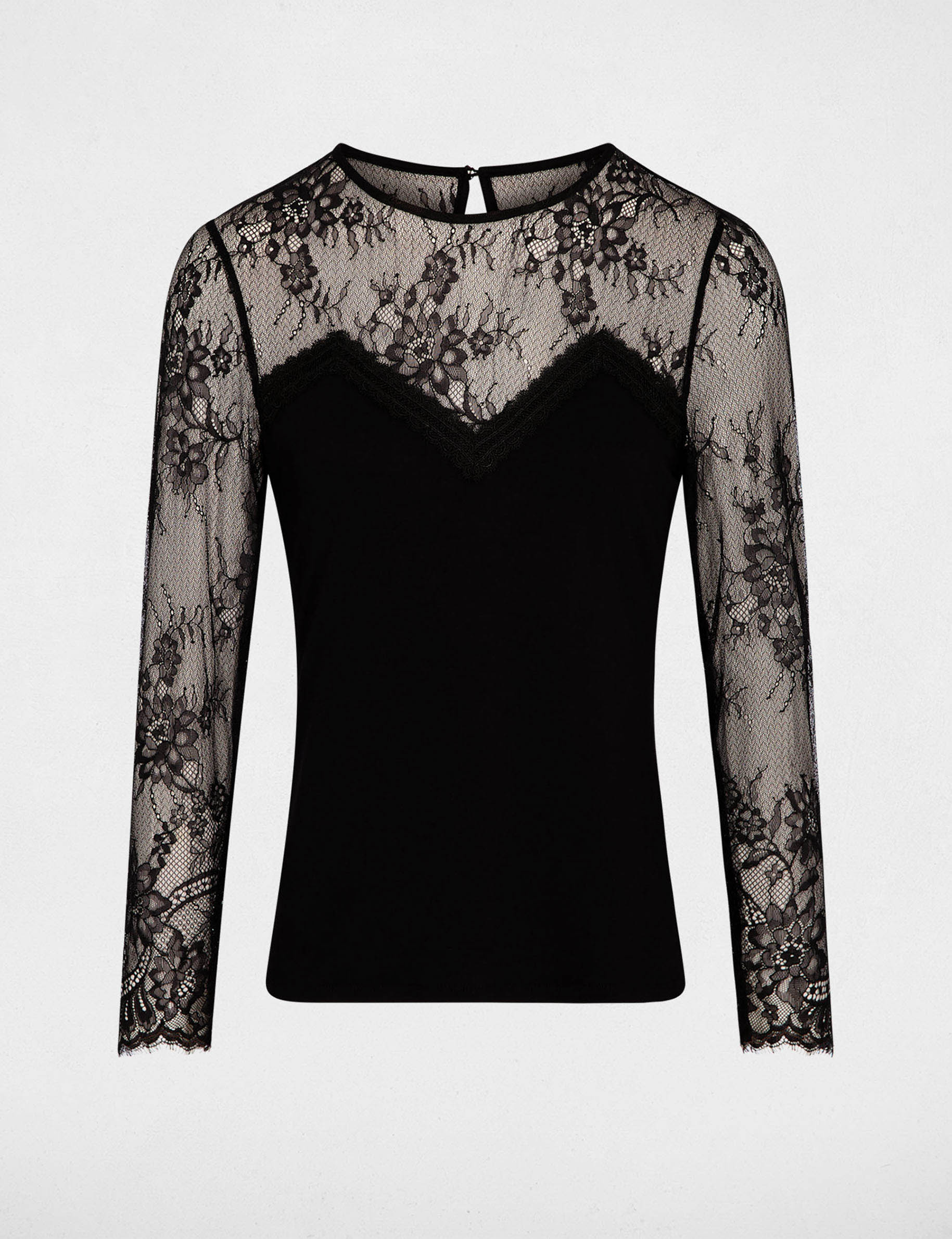 Camiseta de encaje con cuello redondo negro mujer