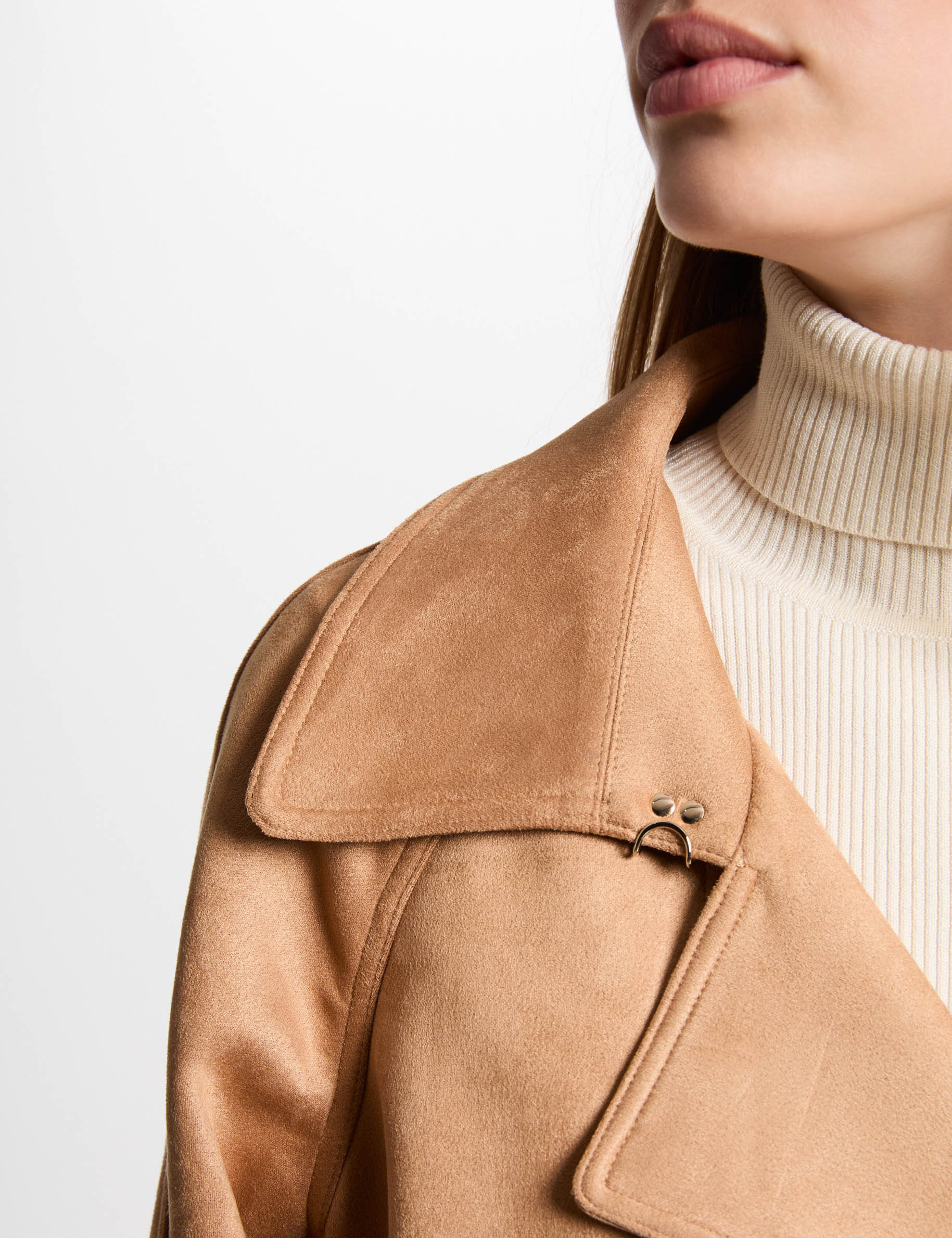 Gabardina larga de antelina marron clair mujer