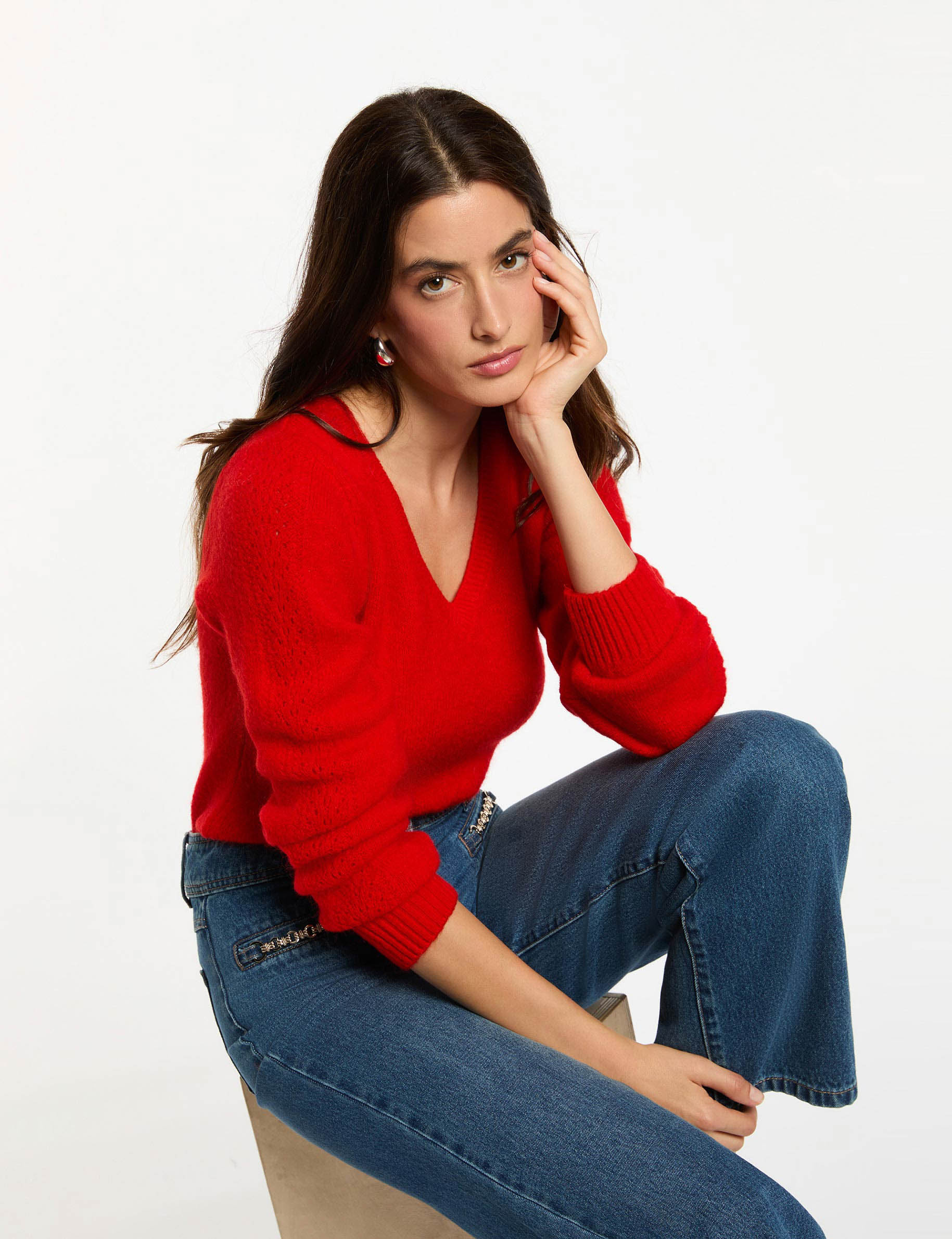 Jersey corto con cuello en v rojo mujer