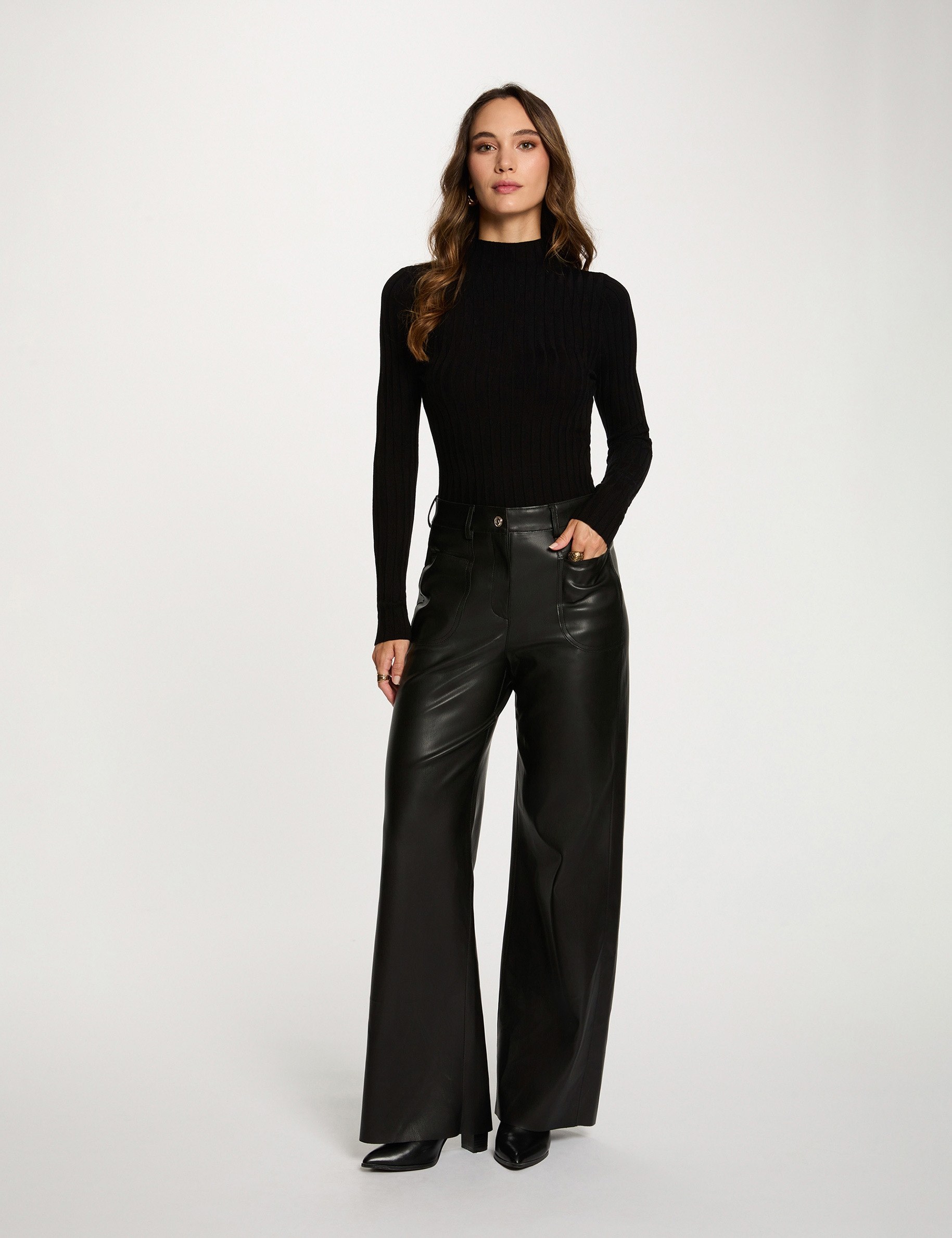Pantalón ancho de tiro alto negro mujer Morgan