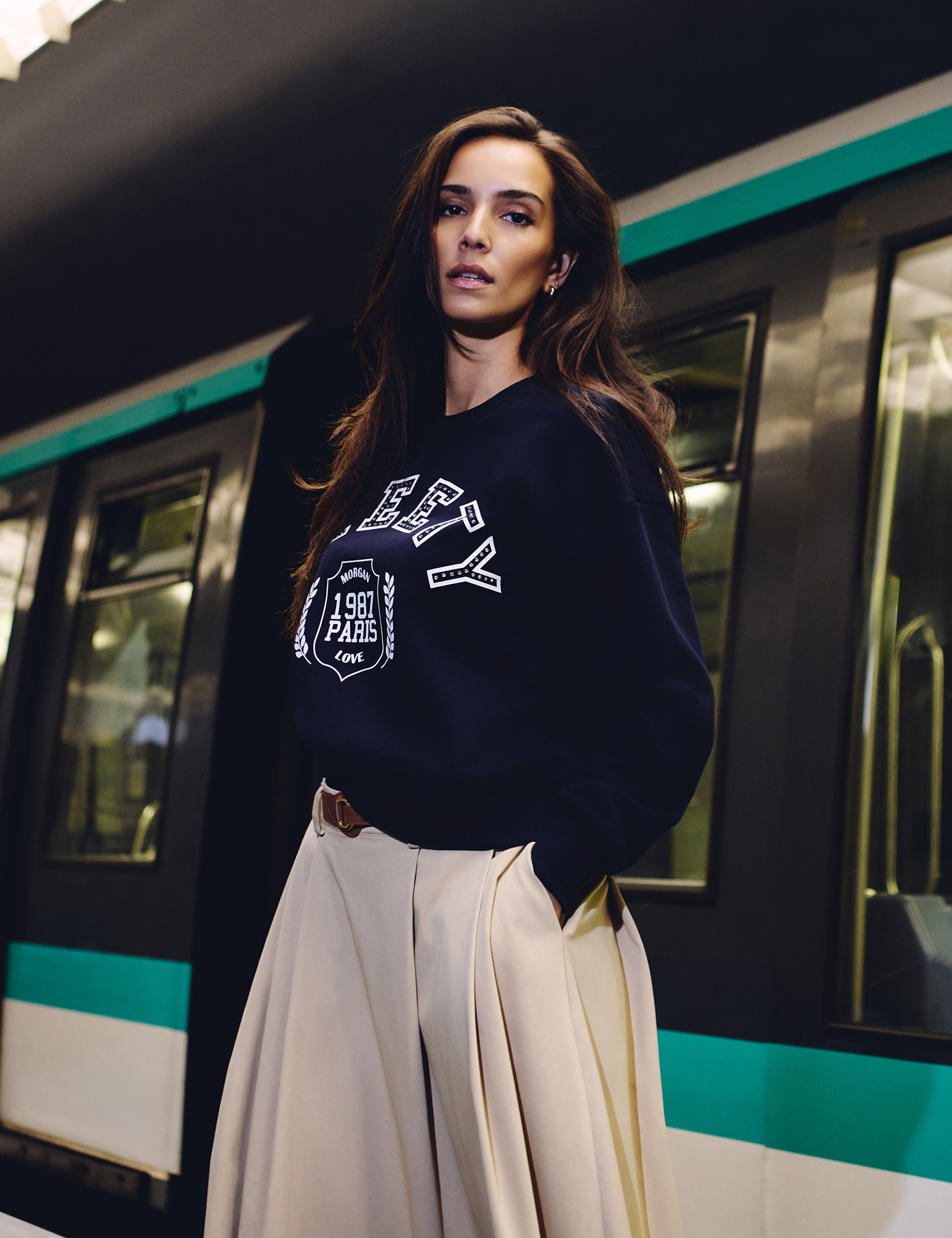 Sudadera cuello redondo estampada azul marino mujer Morgan