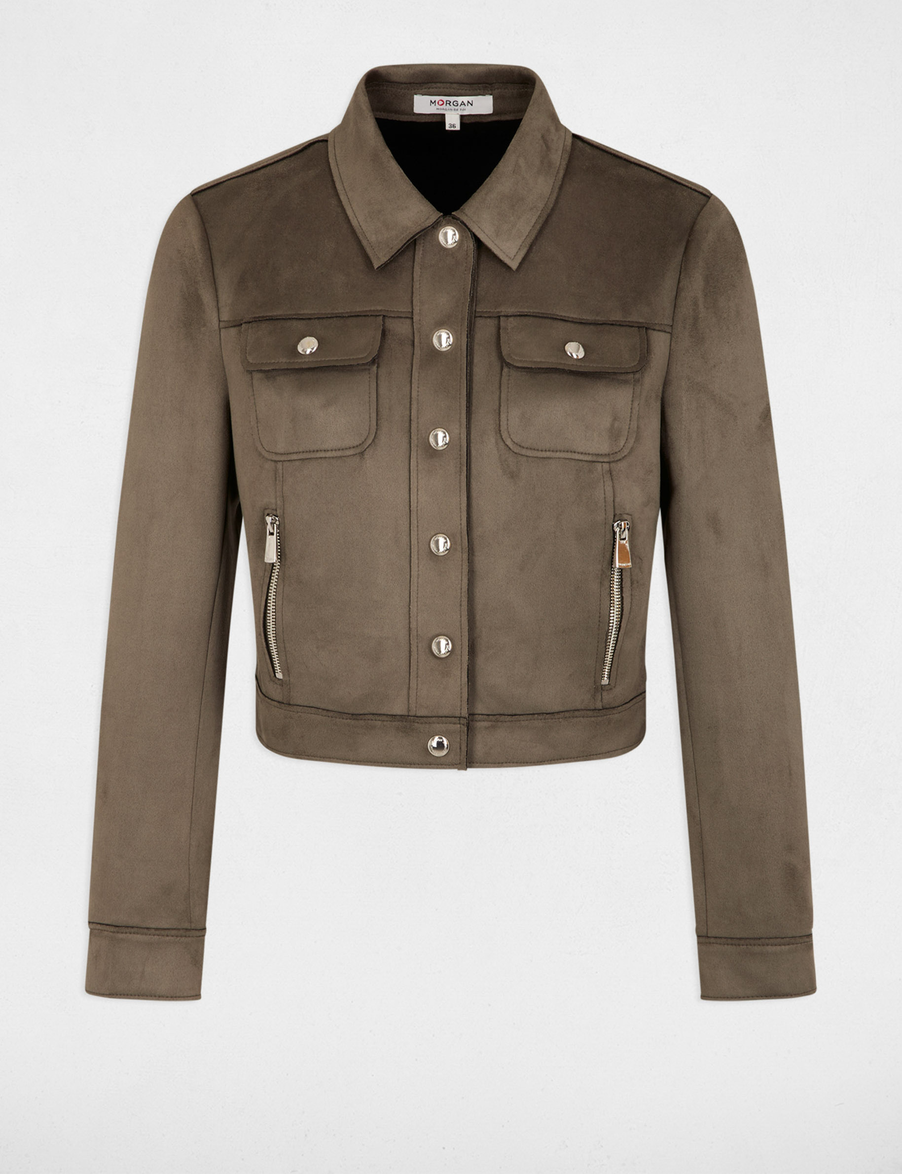 Chaqueta de antelina con botones verde caqui mujer