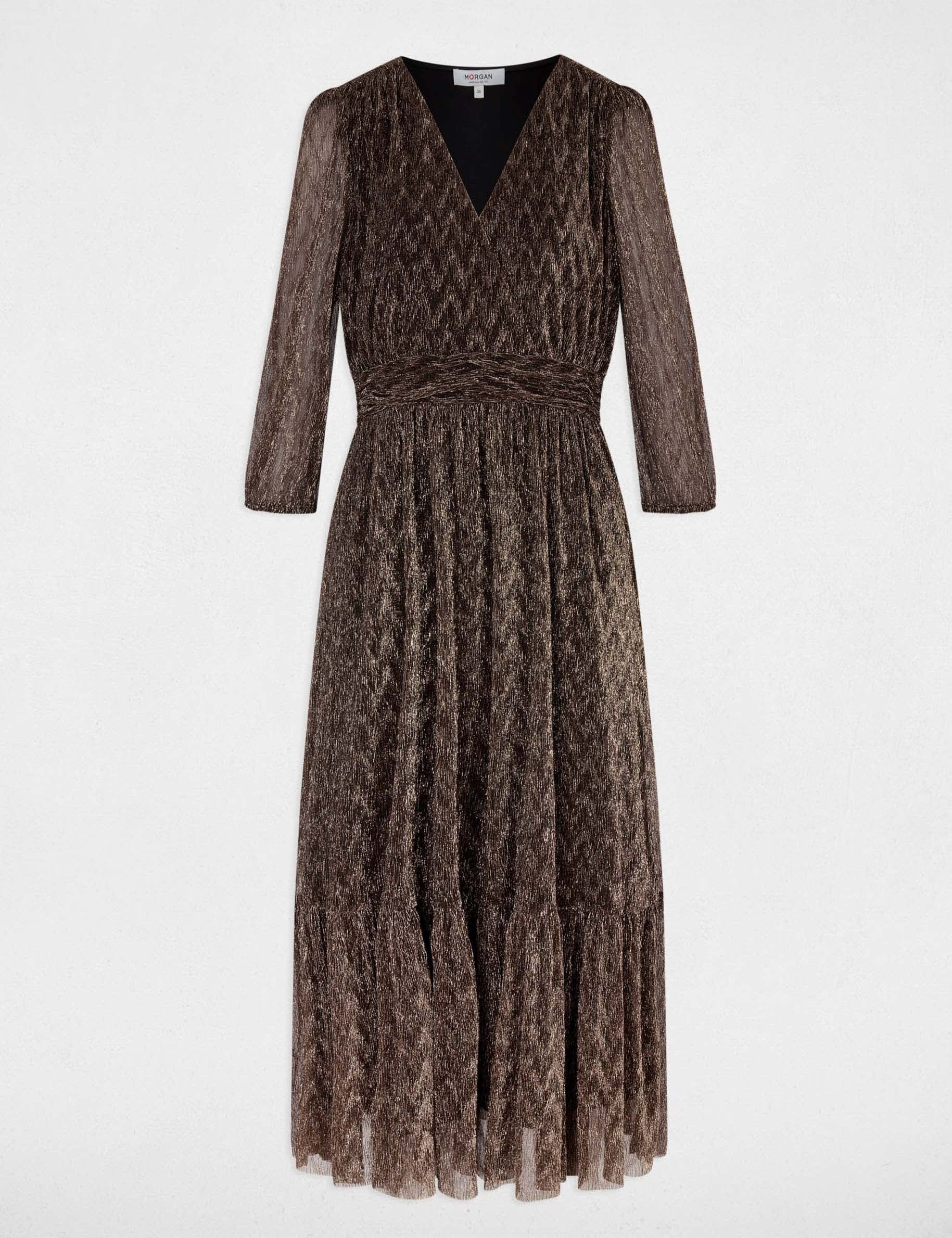 Vestido largo plisado color bronce mujer