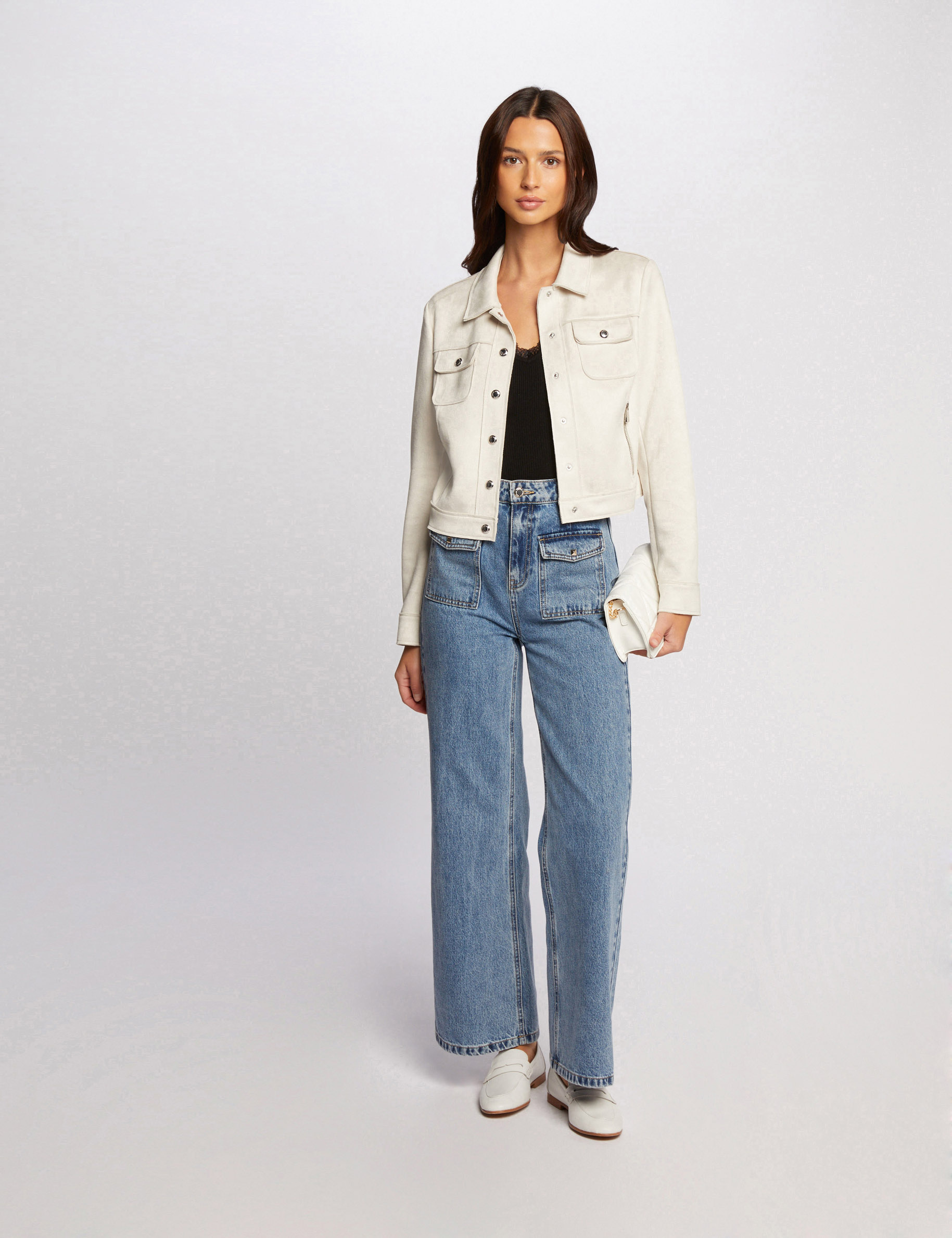 Chaqueta de antelina con botones crudo mujer
