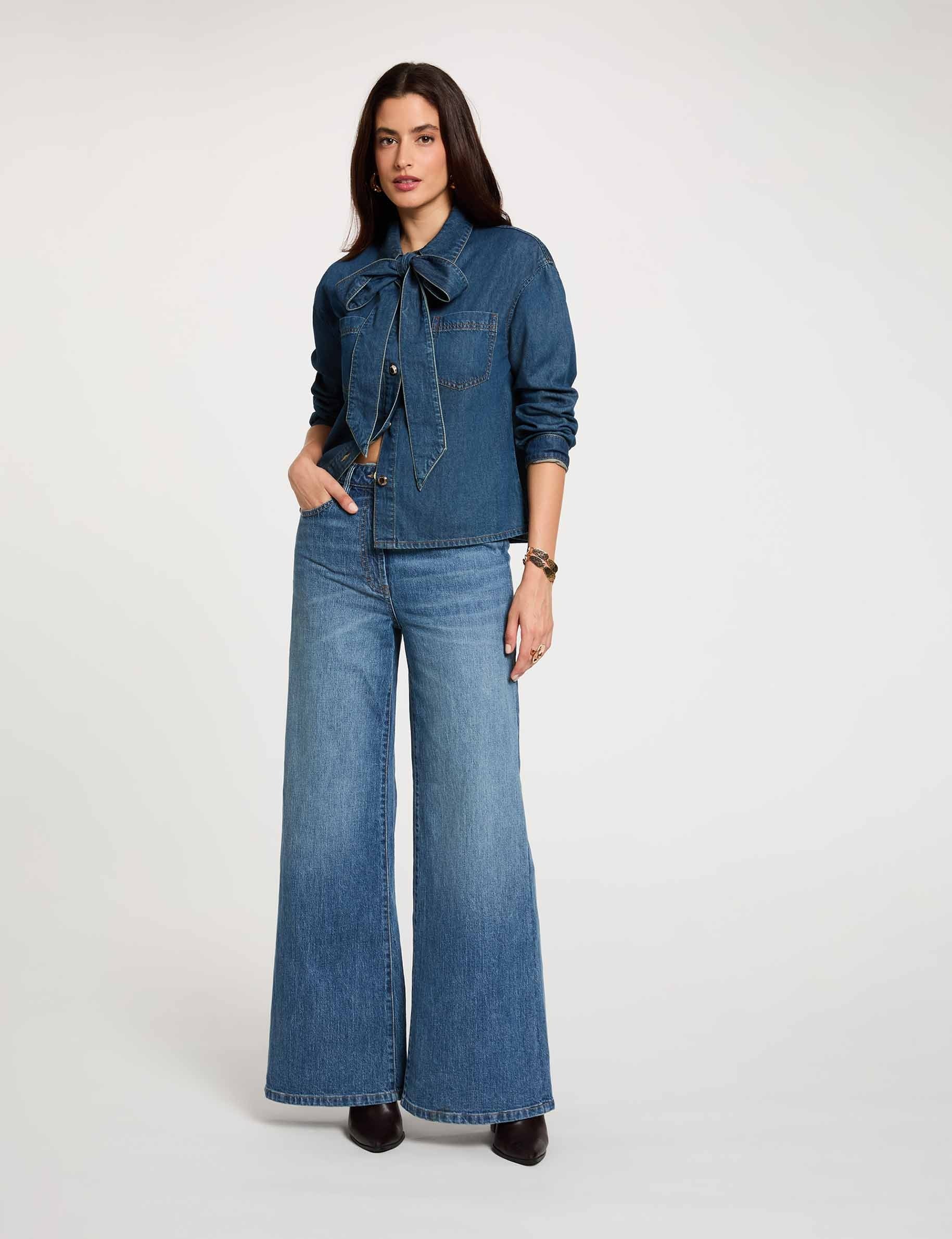 Camisa vaquera con lazada denim stone mujer