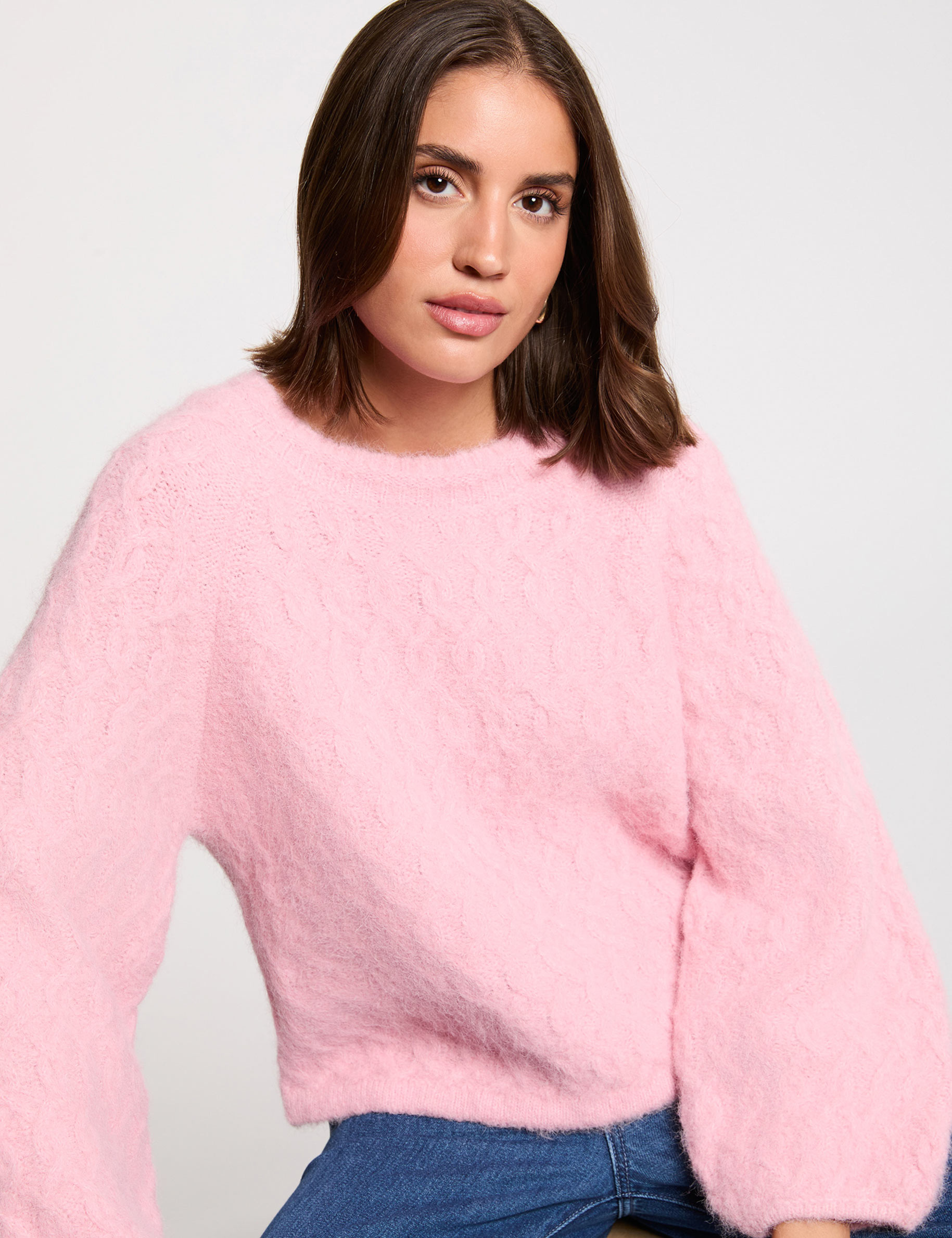 Jersey grueso con cuello redondo rosa mujer