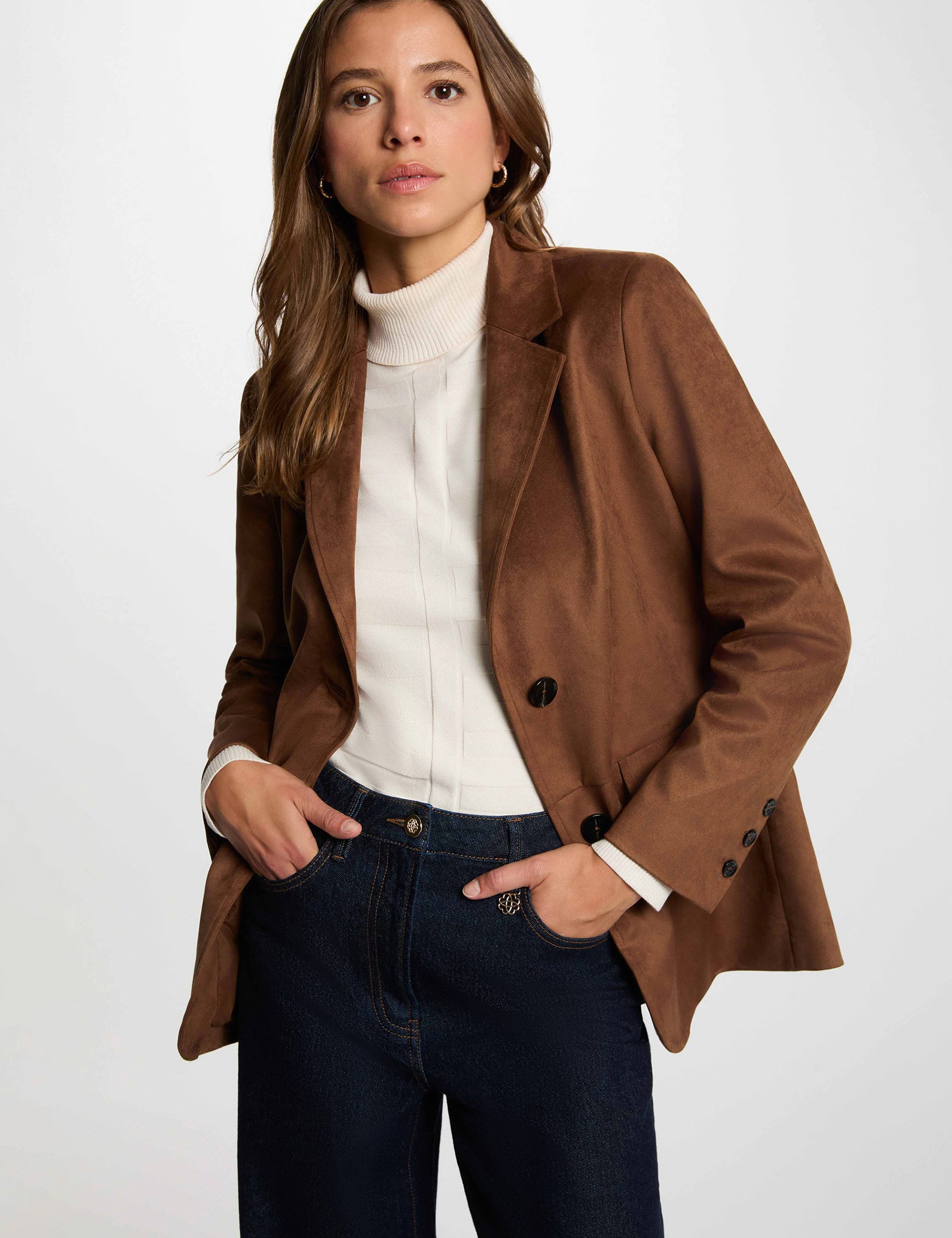 Chaqueta de ante con cuello de solapa marr&oacute;n chocolate mujer