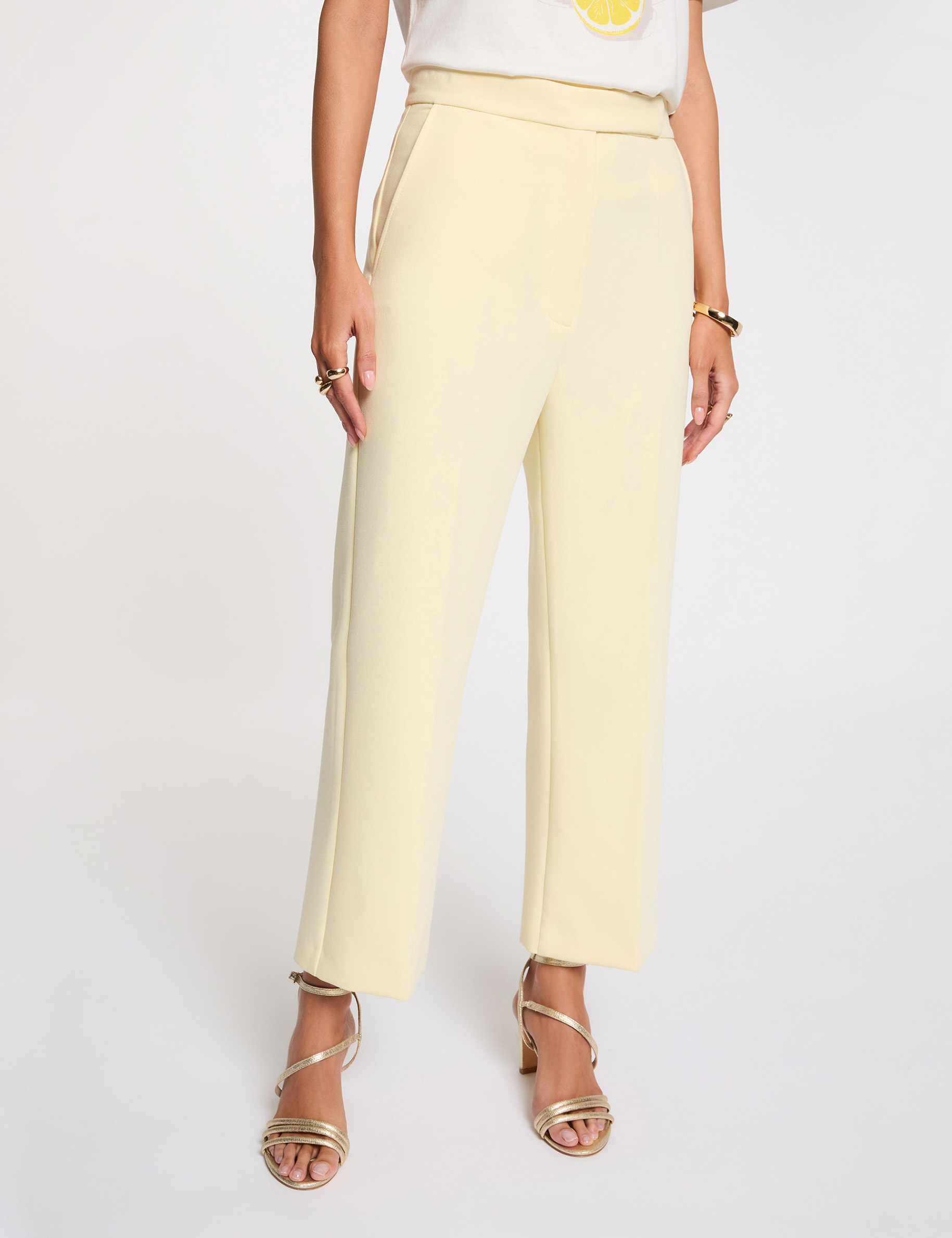Pantal&oacute;n recto de tiro alto amarillo pastel mujer