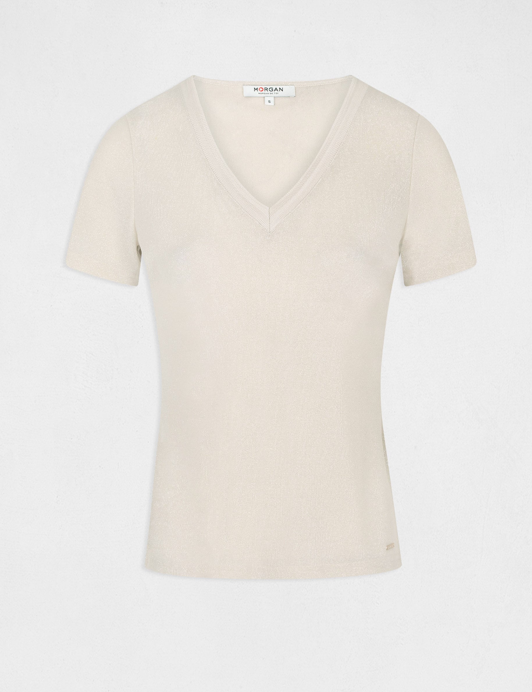 Camiseta manga corta con escote en V marfil mujer