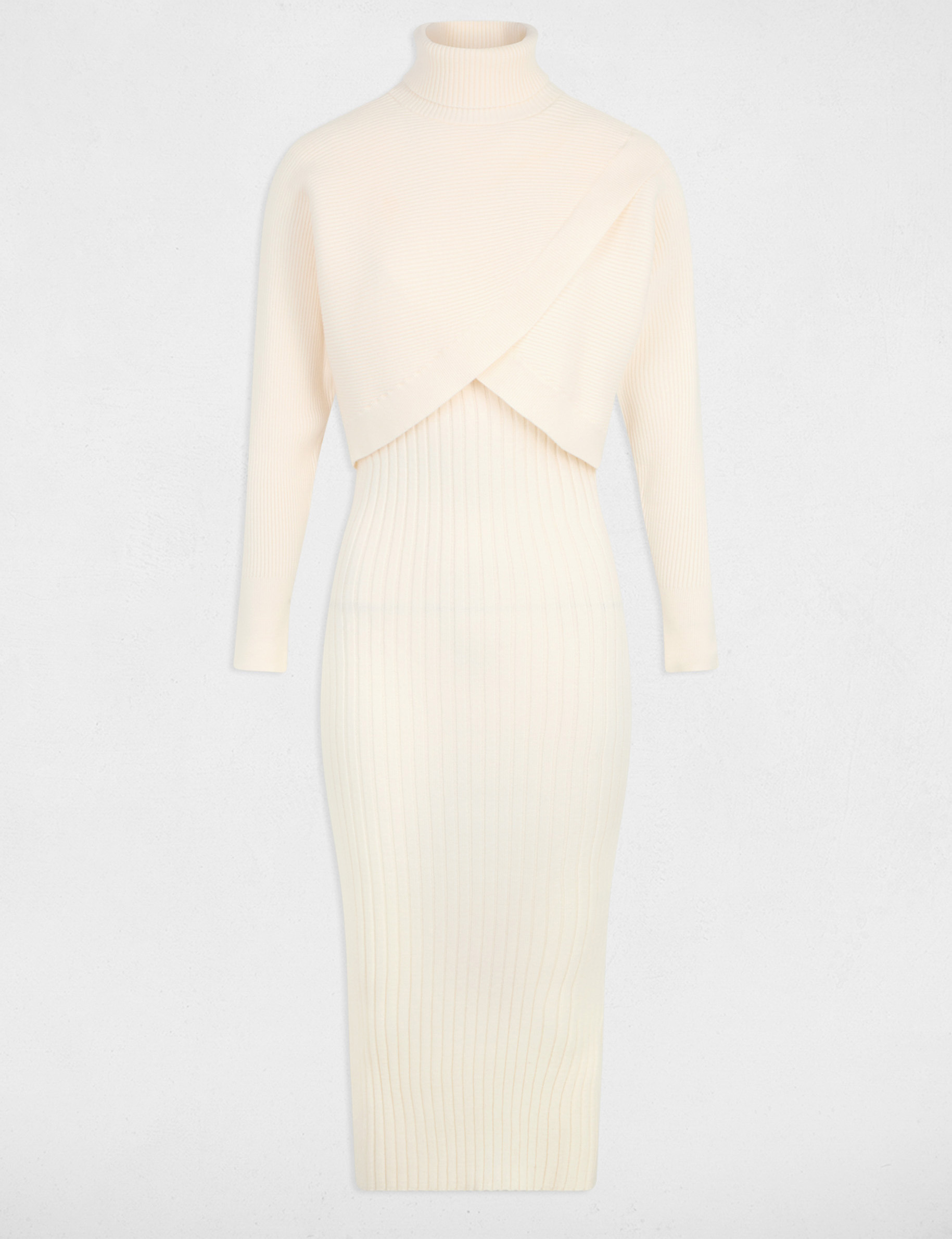 Vestido de punto con cuello alto marfil mujer