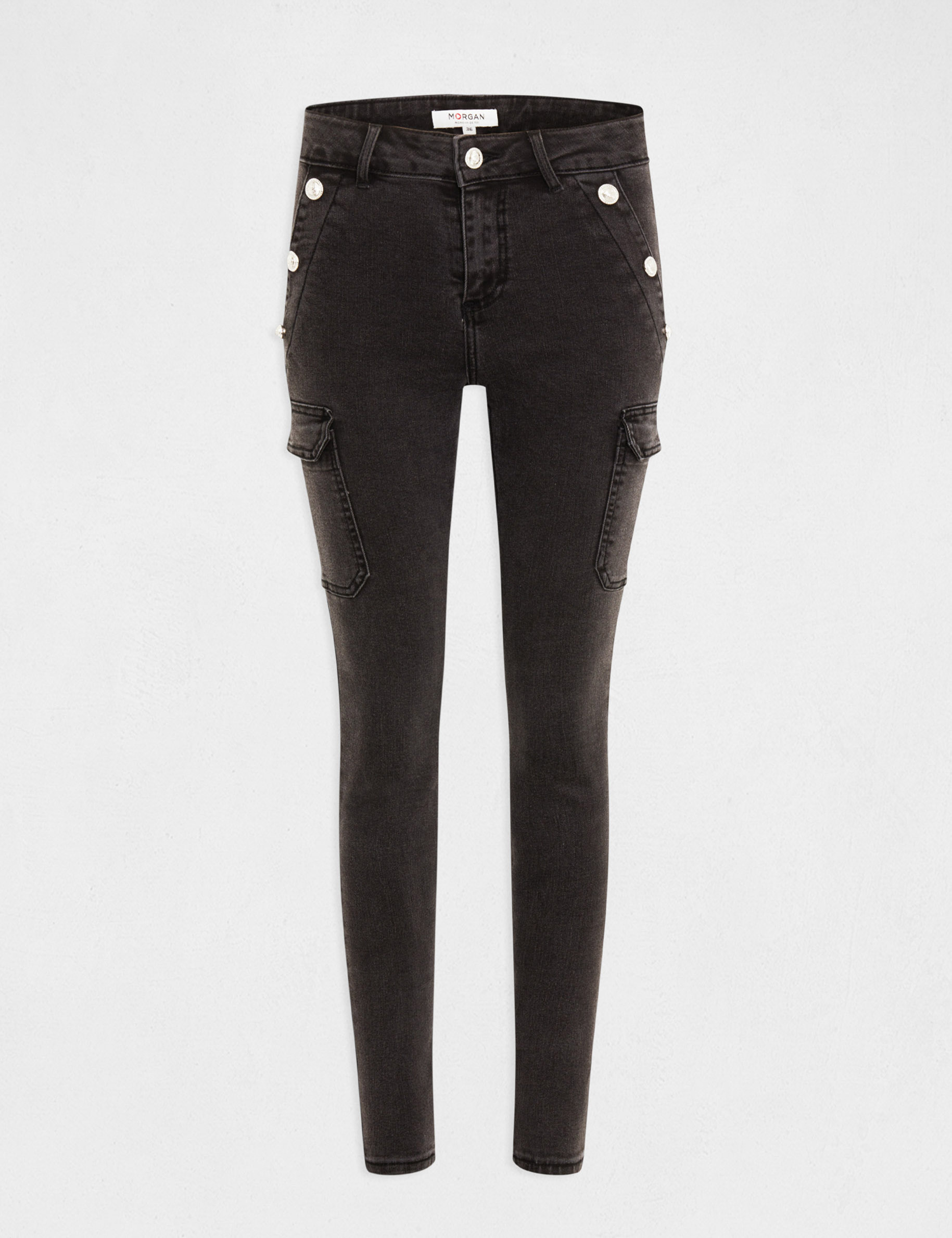 vaquero cargo skinny con botones gris moyen mujer Vaquero cargo skinny con botones gris moyen mujer