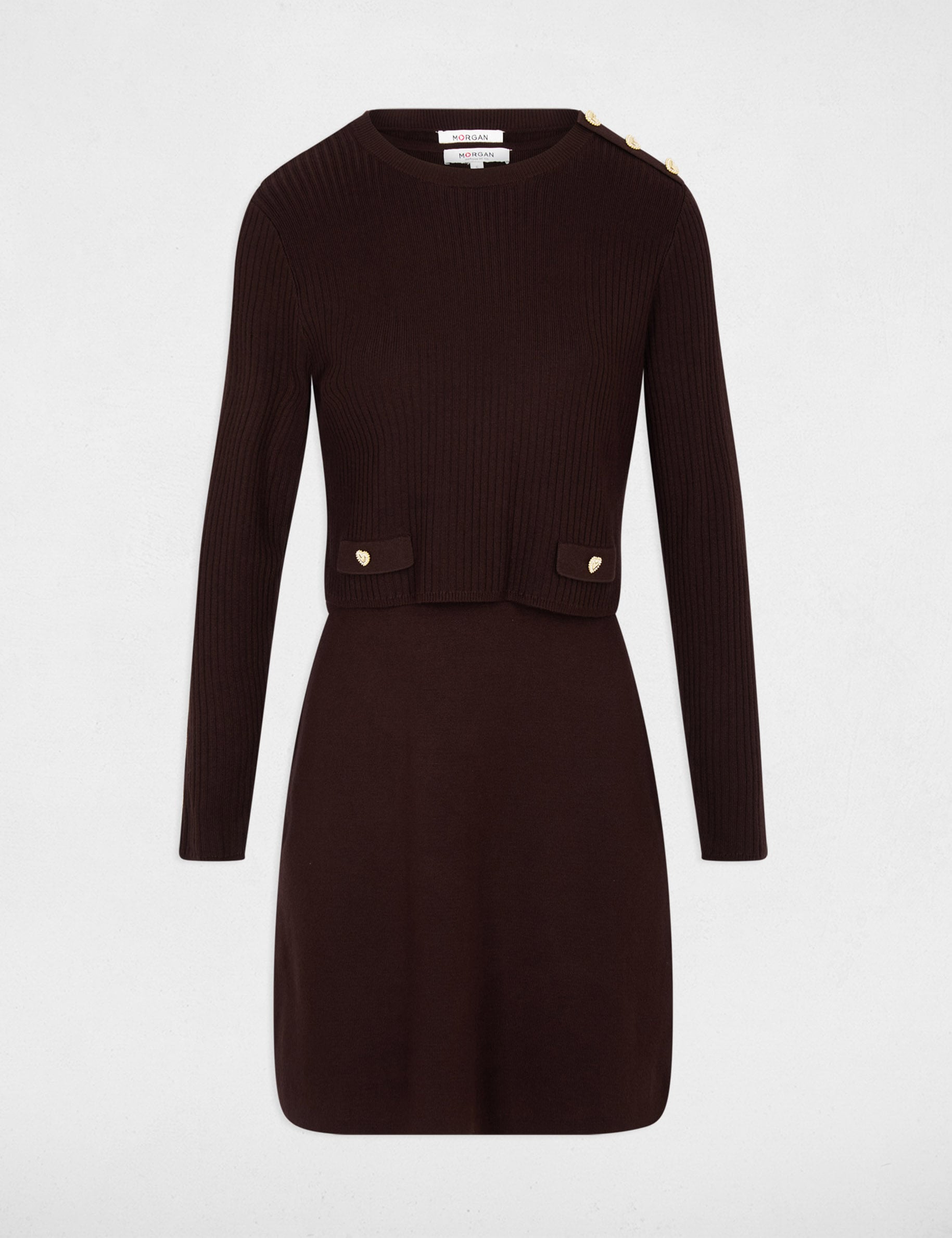 Vestido corto de punto efecto 2 en 1 marr&oacute;n oscuro mujer