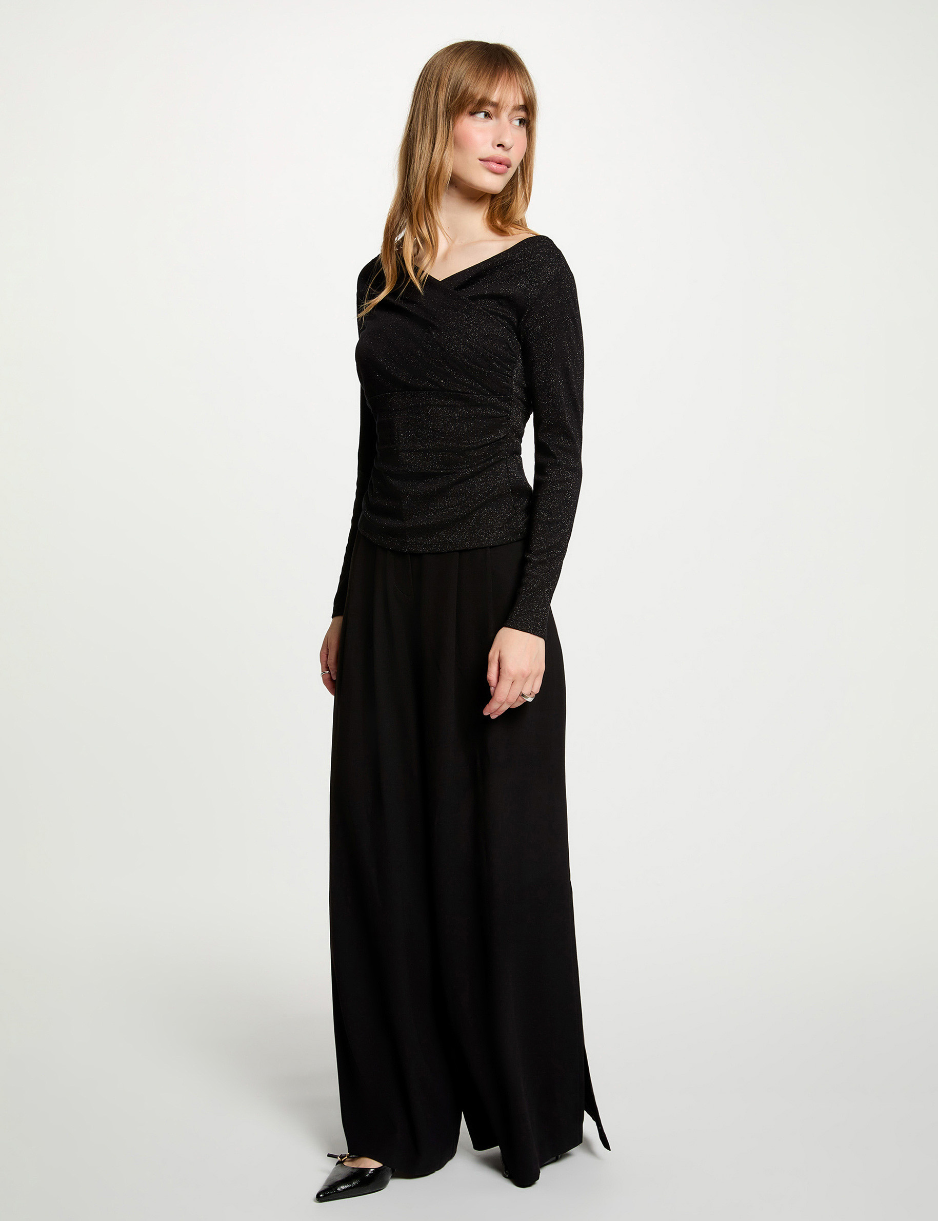 Tejido escote mangas largas negro mujer