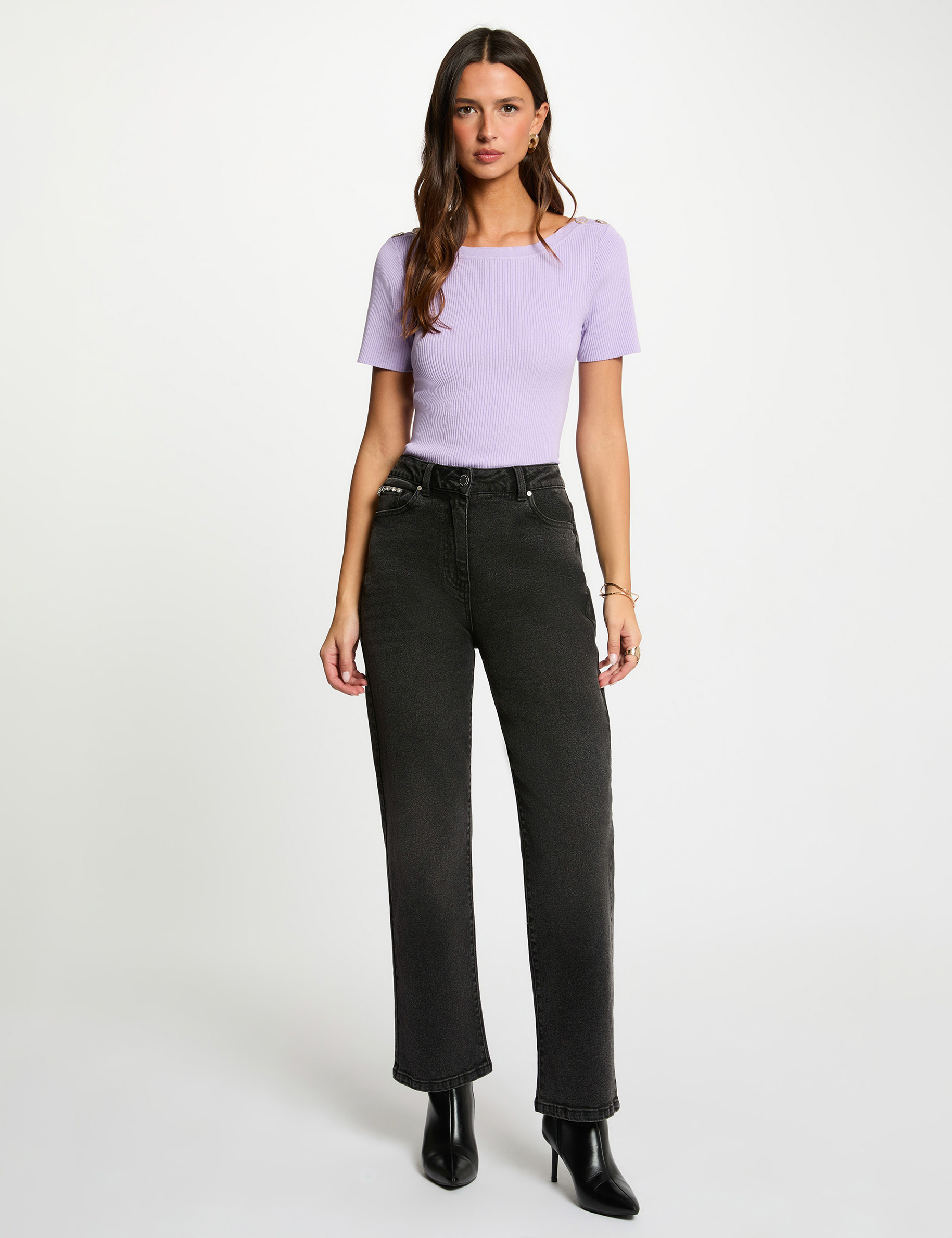 Jersey cuello barco y botones morado mujer