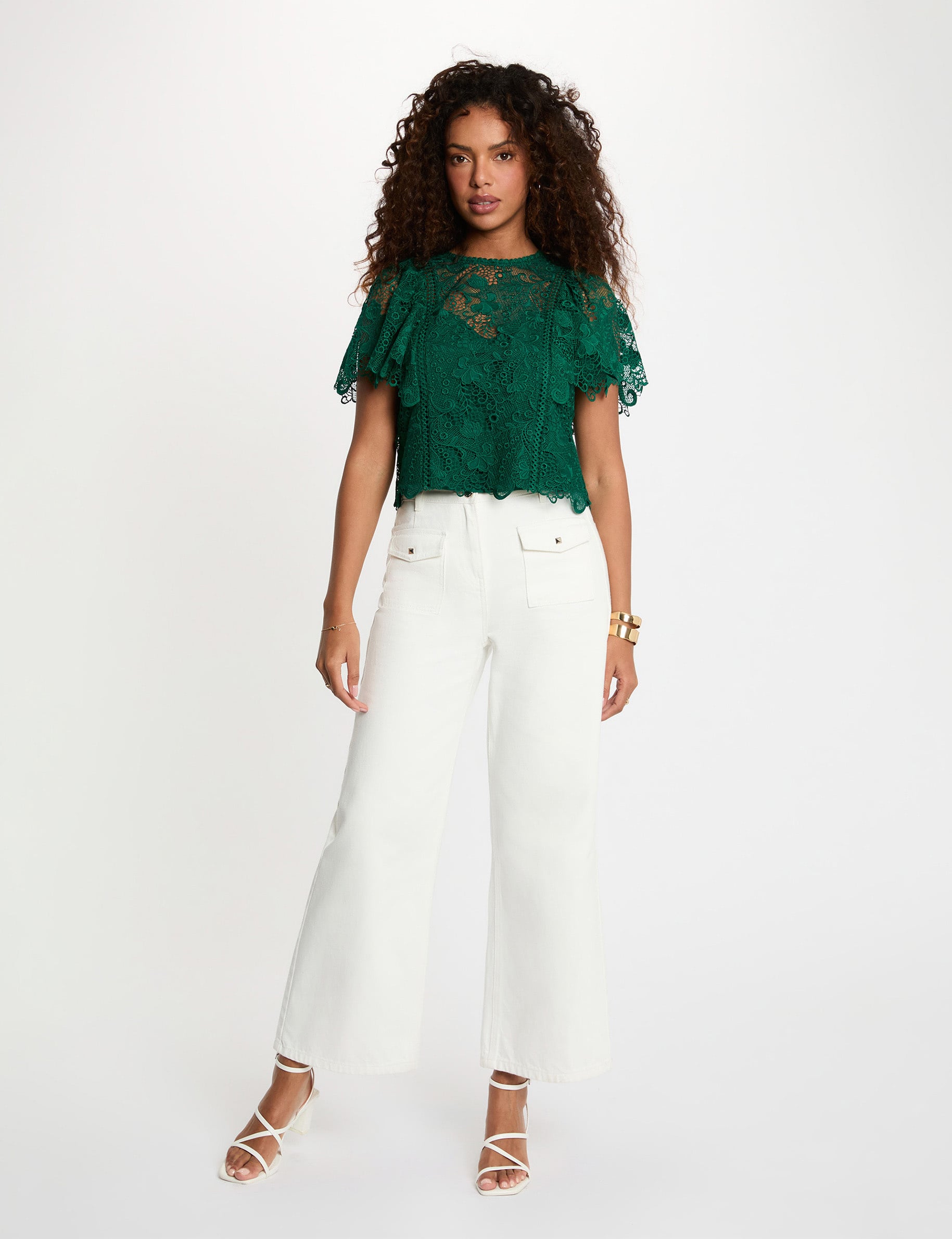 Top de encaje con cuello redondo verde mujer