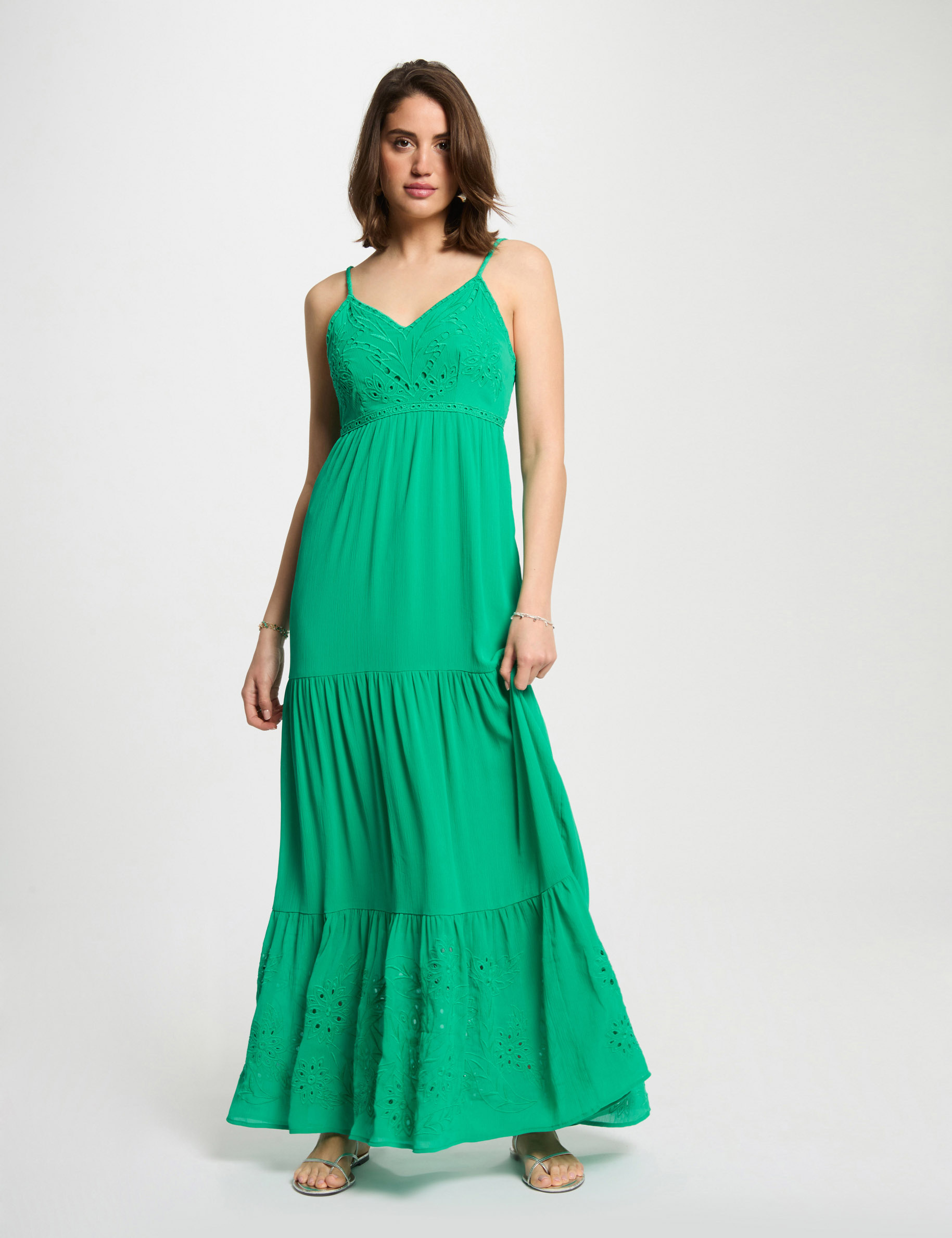 vestido largo holgado bordado verde emeralda mujer Vestido largo holgado bordado verde emeralda mujer