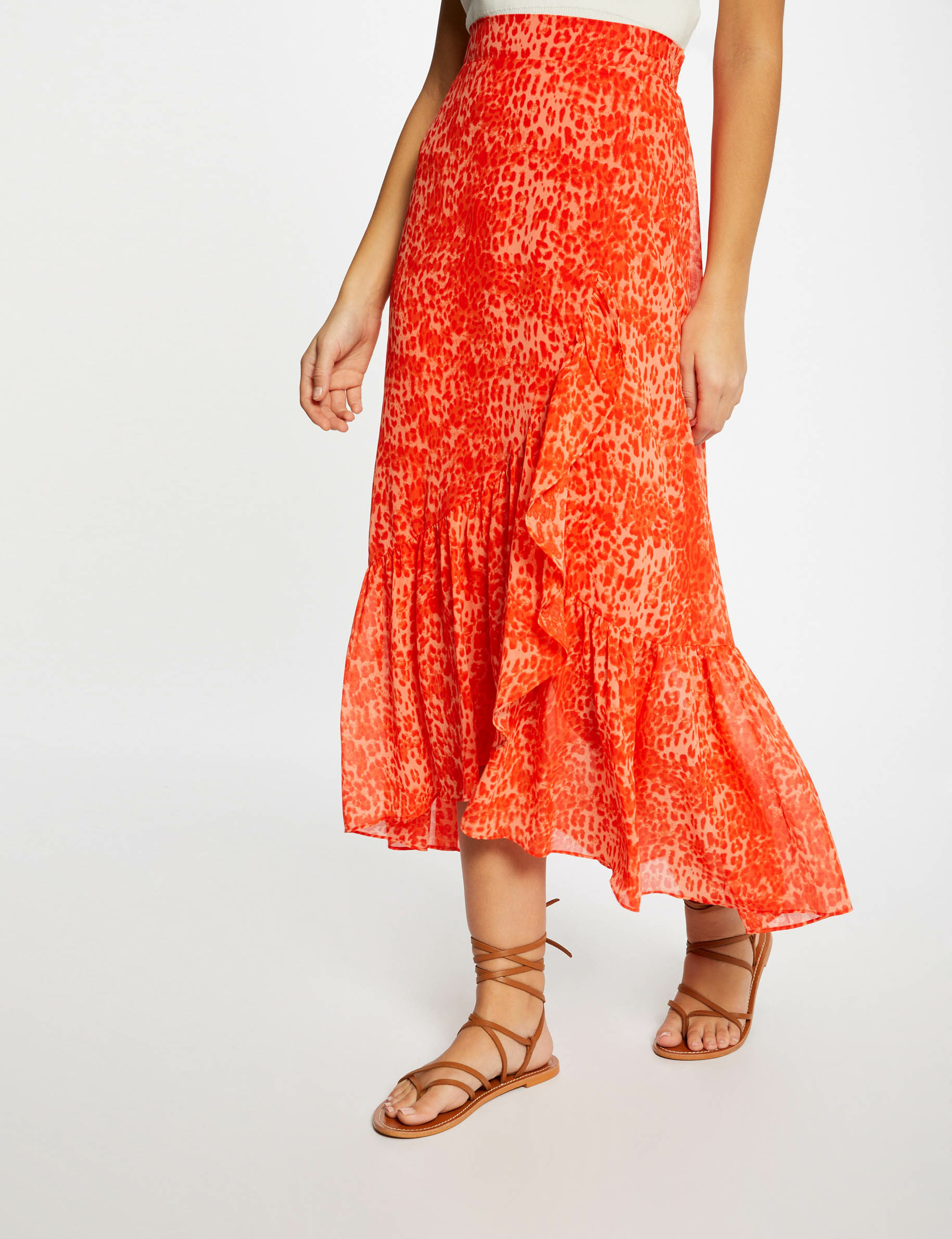 Falda larga cruzada estampado leopardo naranja mujer Falda larga cruzada estampado leopardo naranja mujer