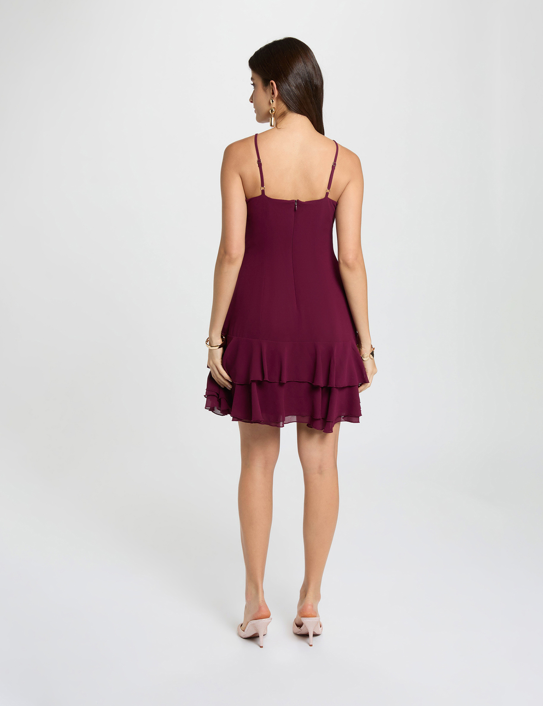 Vestido corto con cuello en V ciruela mujer