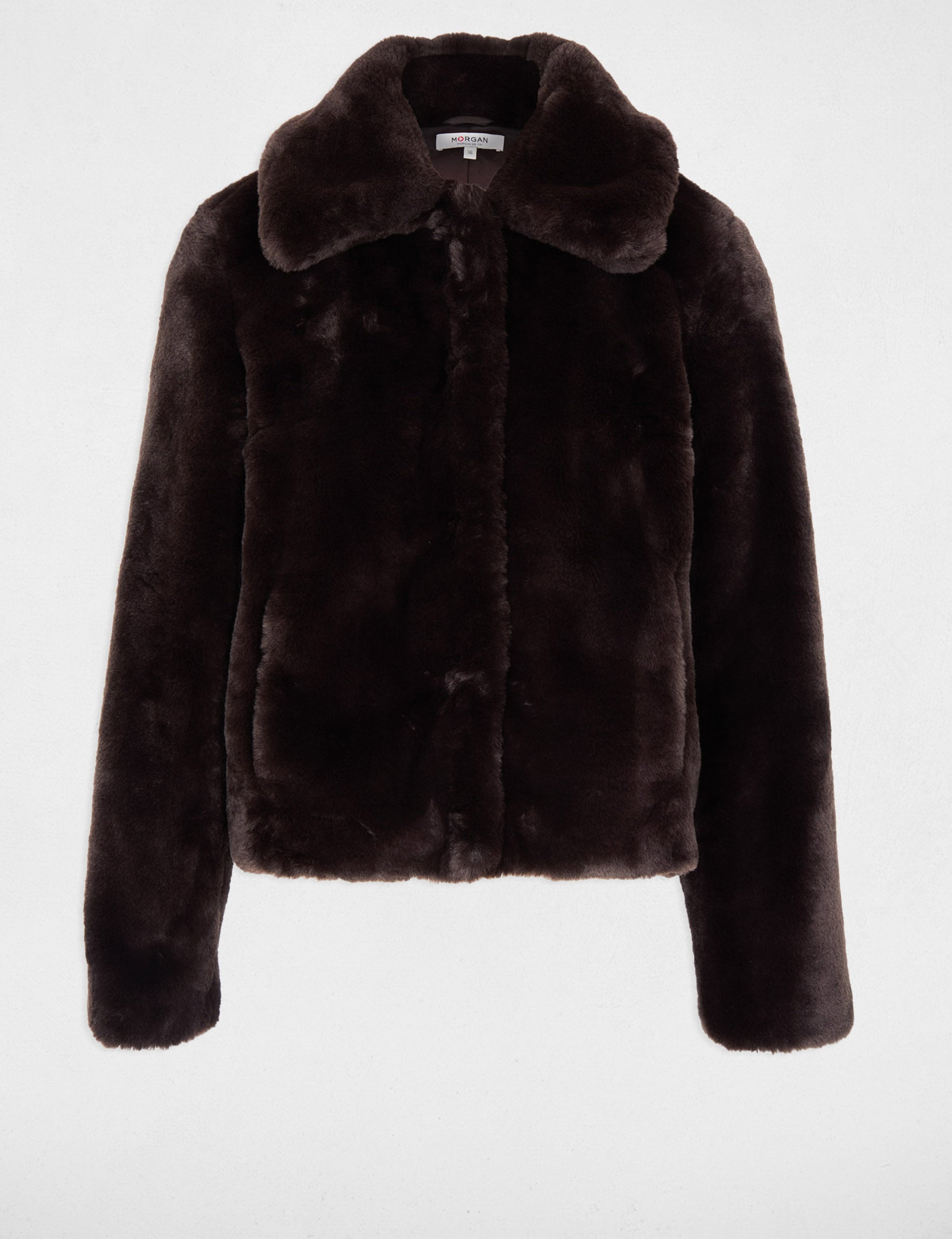 Chaqueta corta de piel sint&eacute;tica marr&oacute;n oscuro mujer