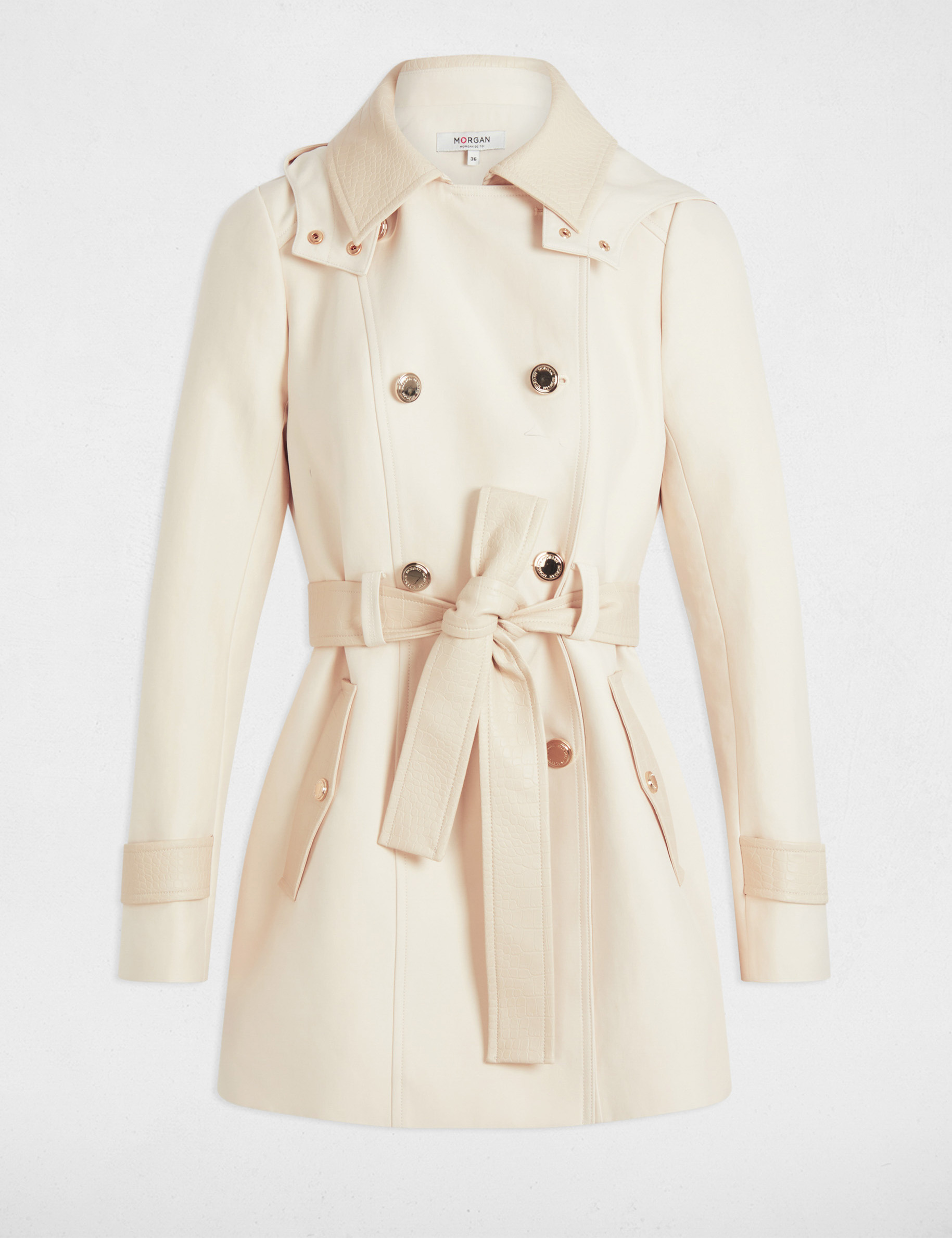 gabardina con cuero sintetico marfil mujer Gabardina con cuero sintético marfil mujer