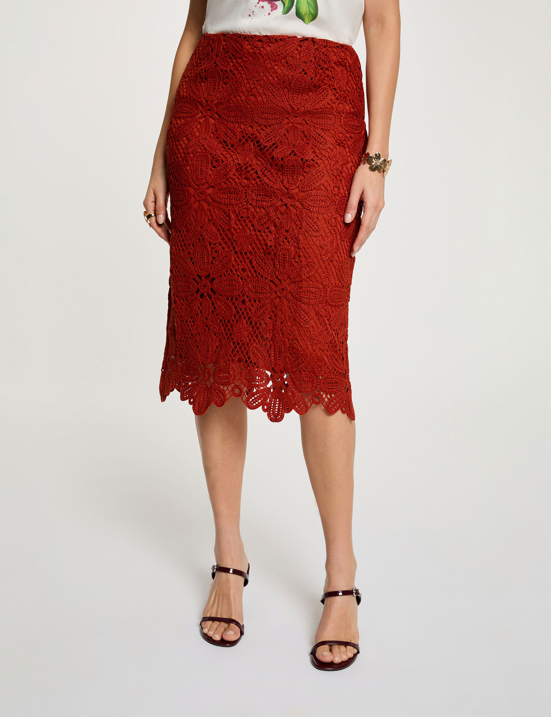 Falda midi de encaje naranja oscuro mujer