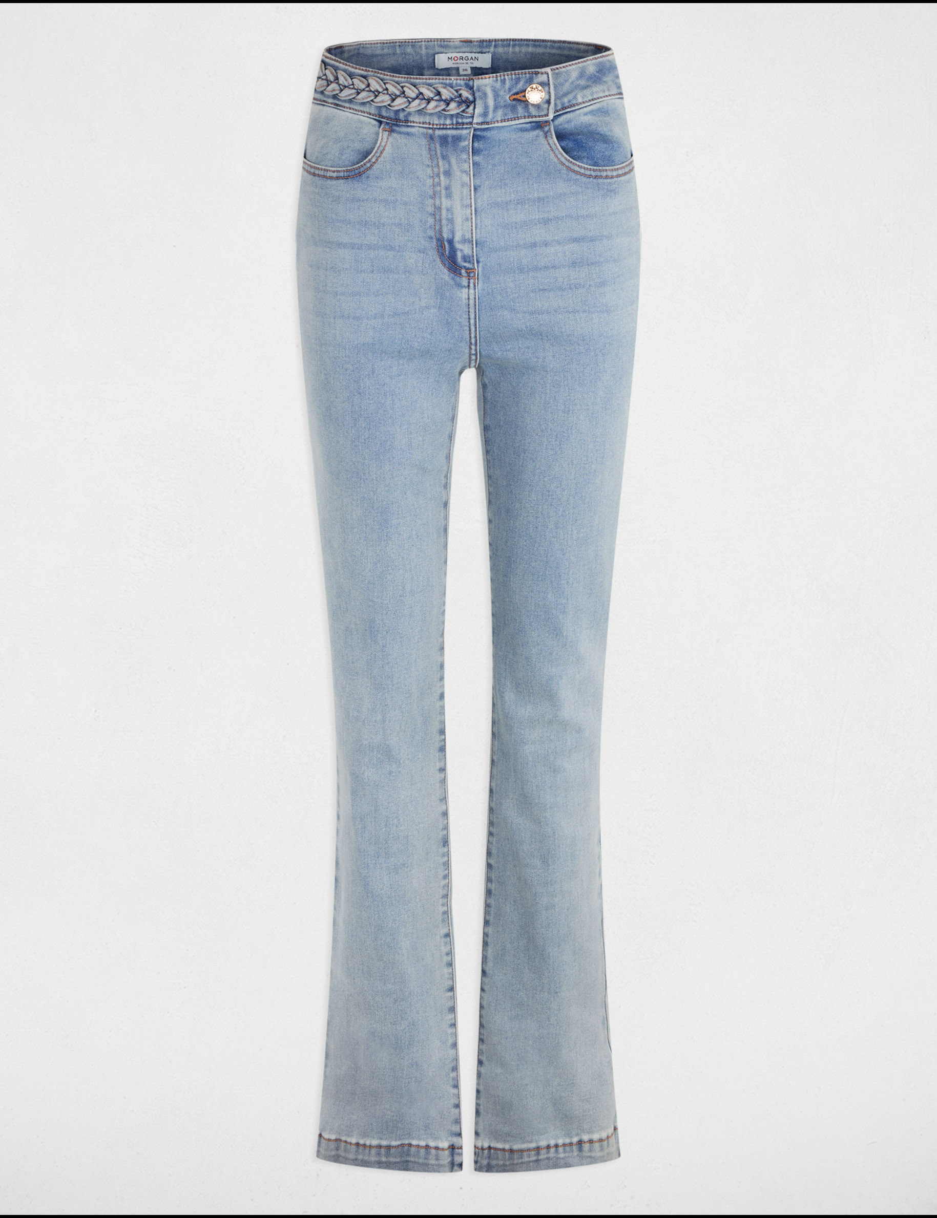 vaquero recto con detalles trenzados denim descolorido mujer Vaquero recto con detalles trenzados denim descolorido mujer