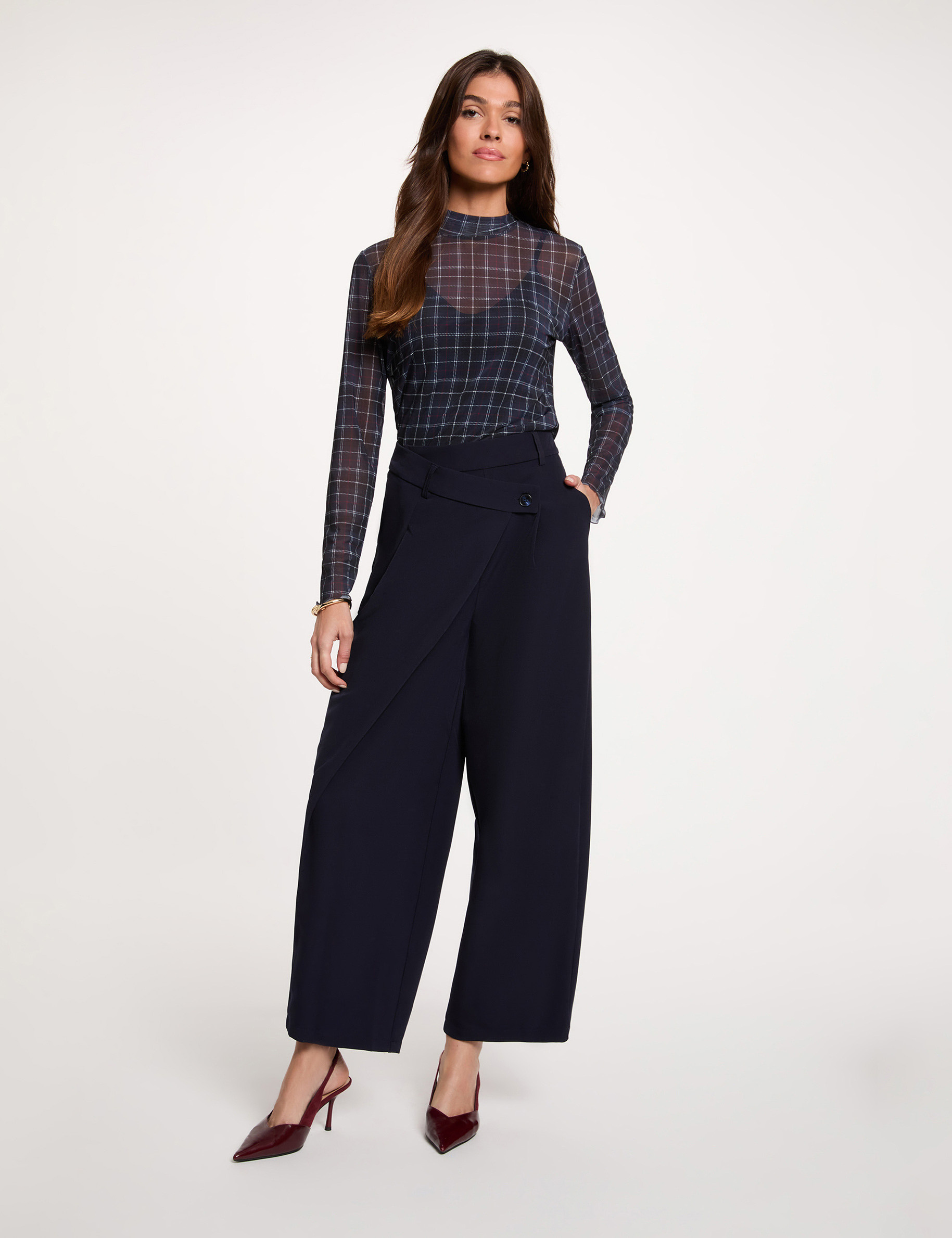 Pantal&oacute;n ancho de tiro alto azul marino mujer