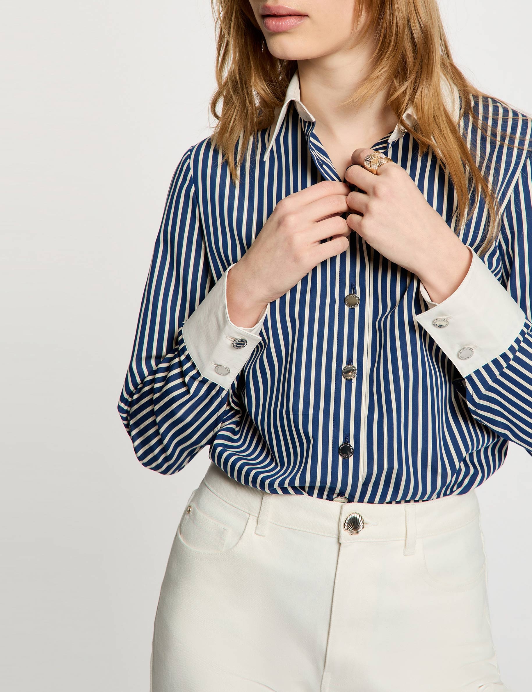Camisa de rayas con cuello contrastado azul marino mujer
