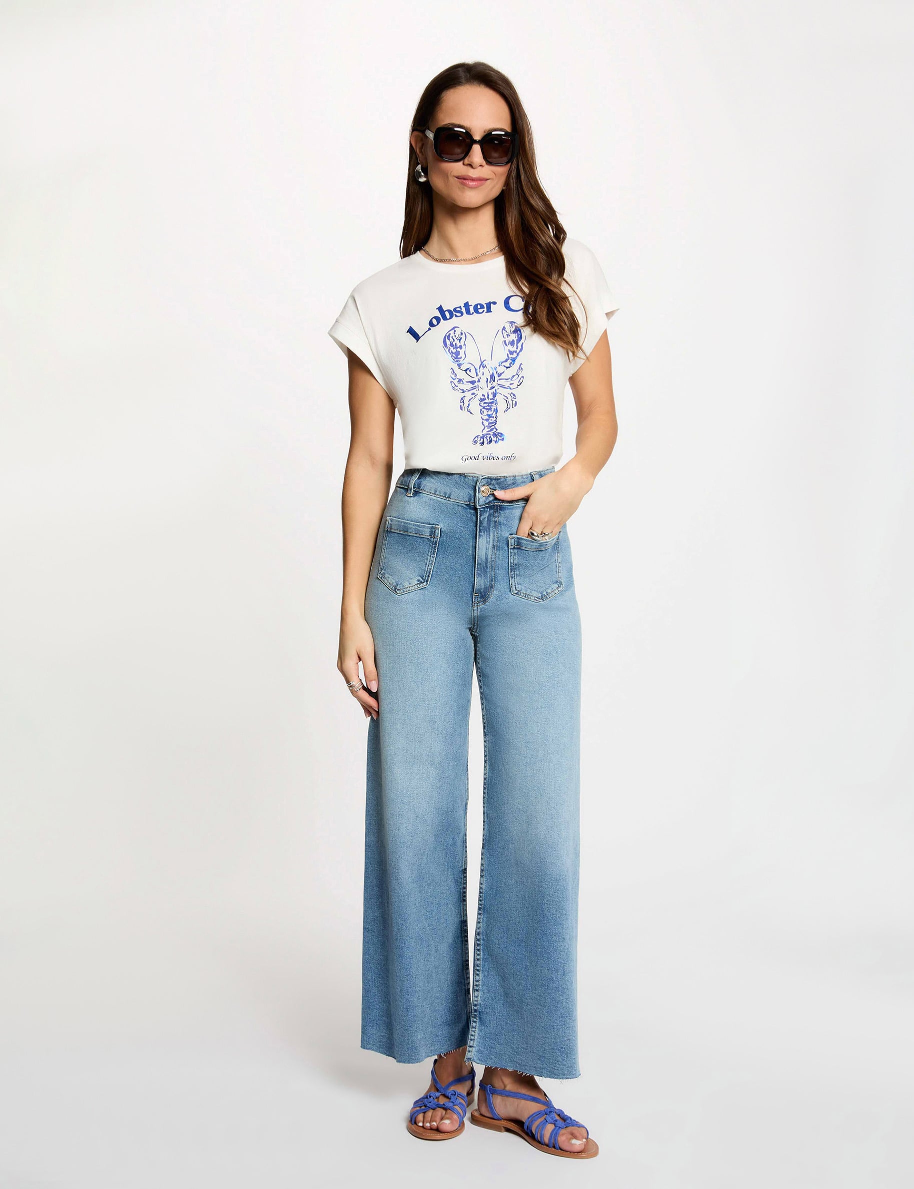 Vaquero ancho de tiro alto denim doble stone mujer