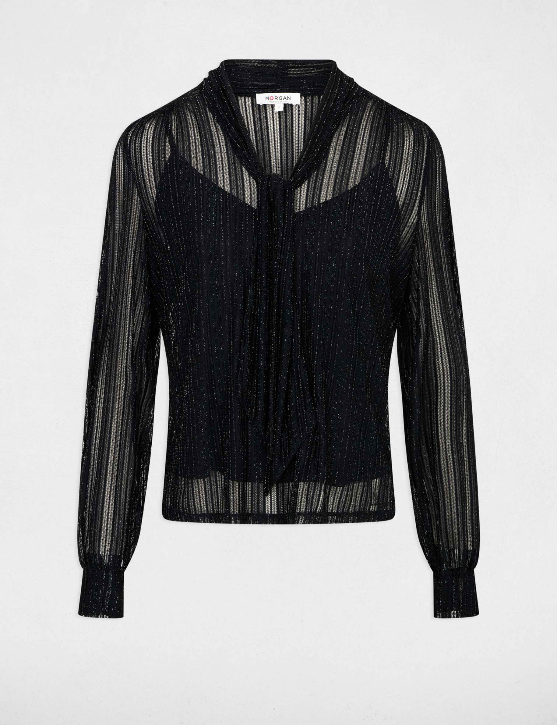 Camiseta corta con cuello lazada negro mujer