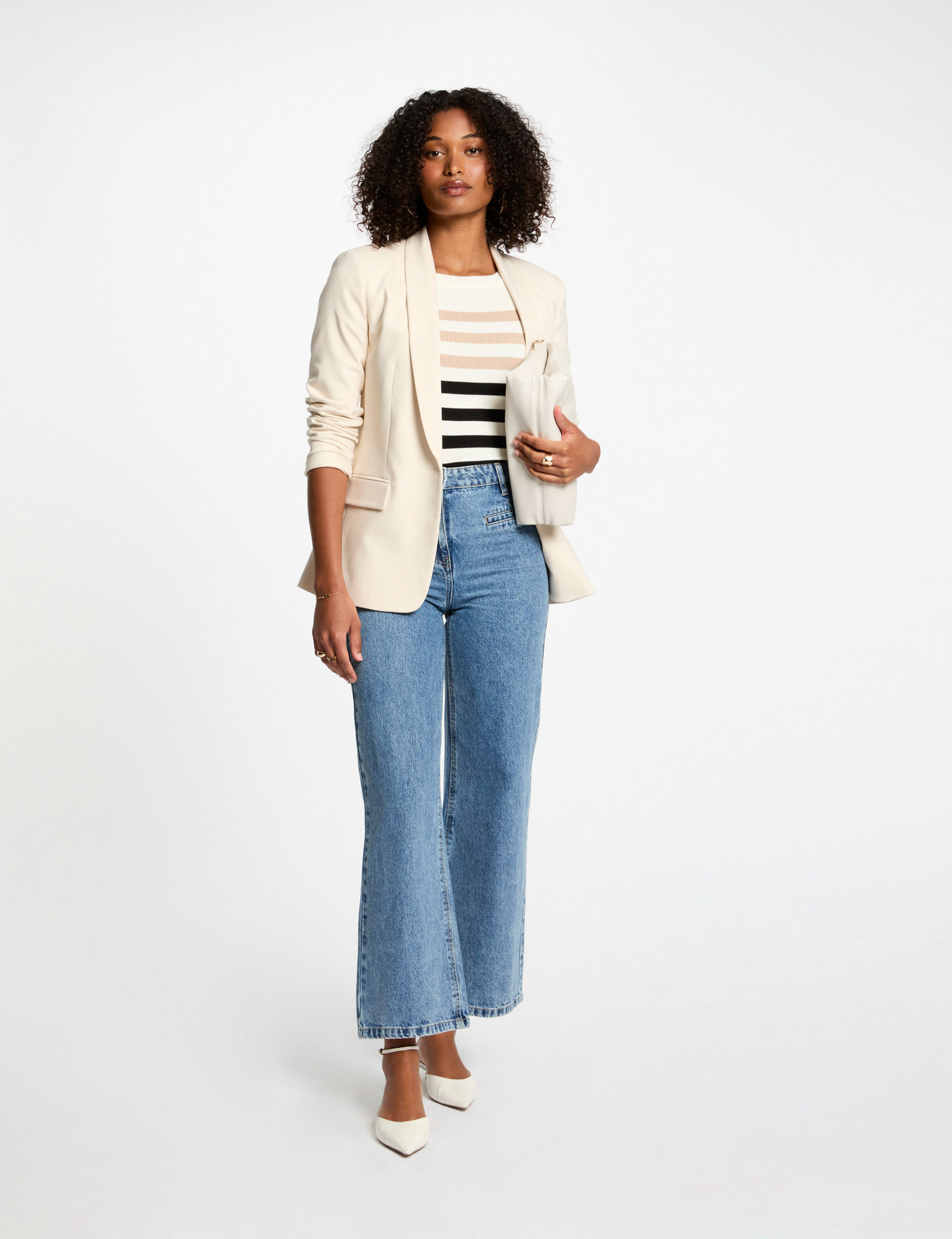 Chaqueta corta cuello chal marfil mujer