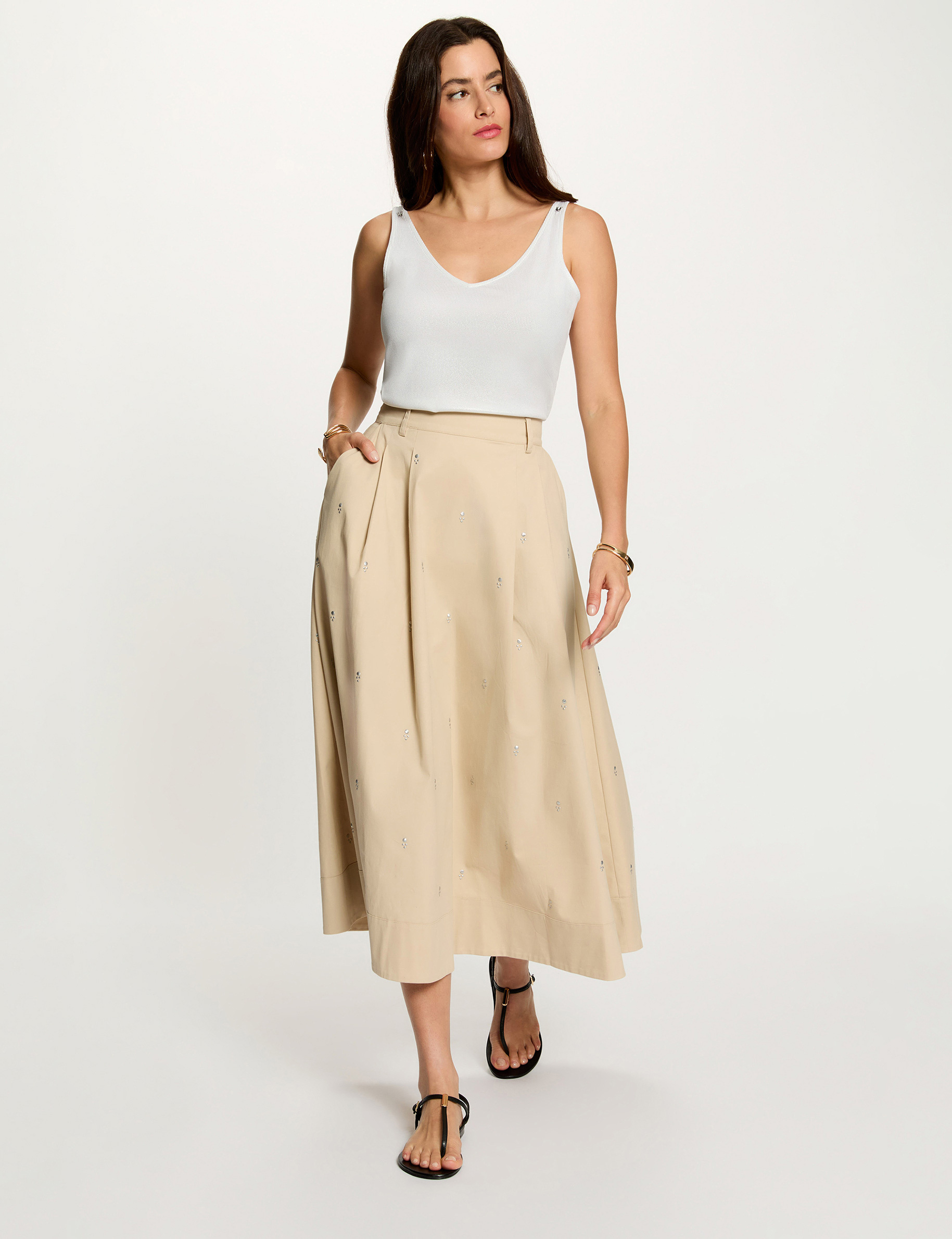 Falda larga de cintura alta beige mujer