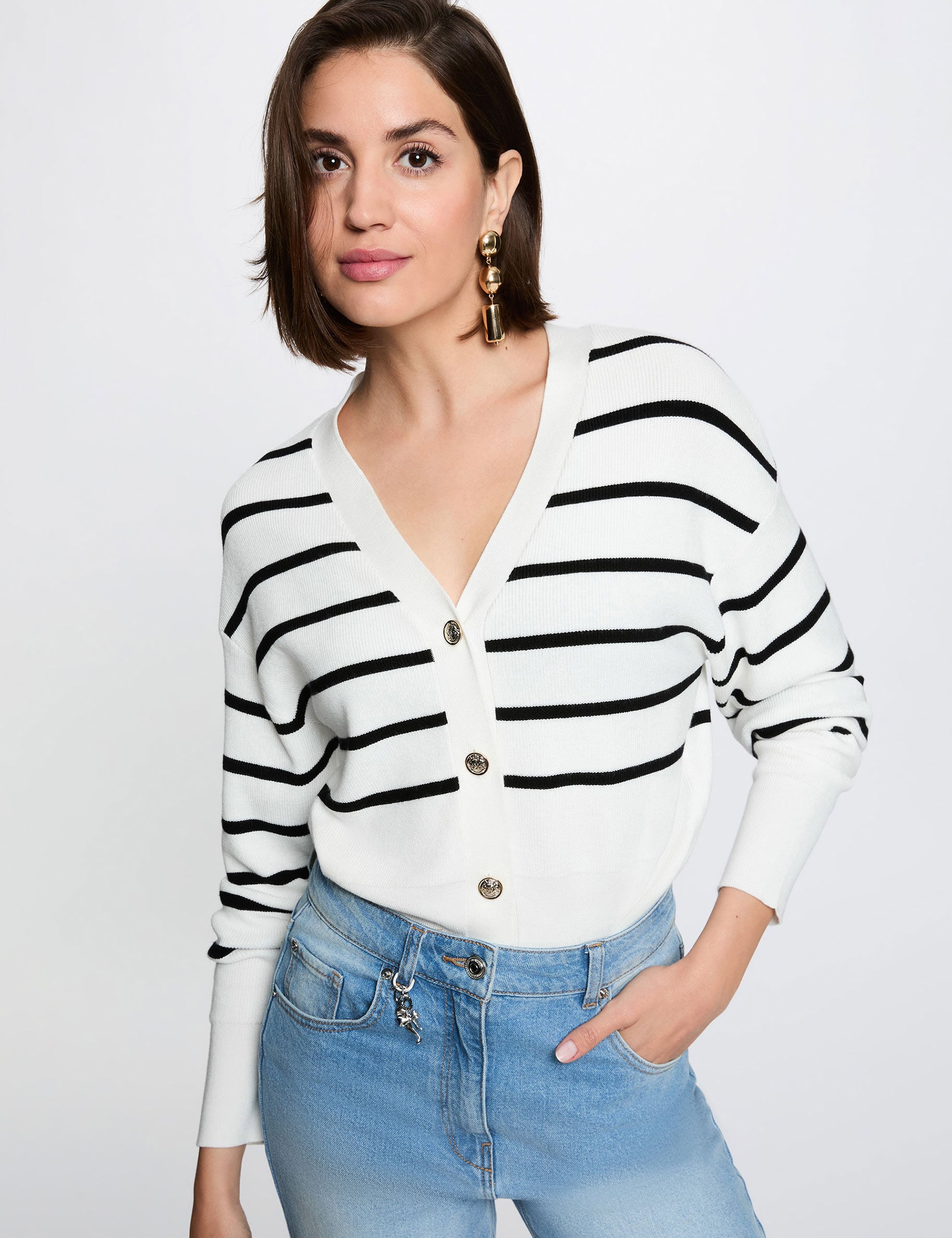 Jersey de rayas con cuello en V blanco mujer